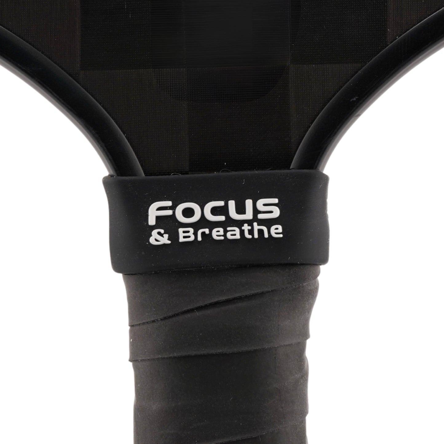 Focus & Breathe Pickleball Band shown on paddle as a color-customized personalized paddle band for pickleball players, ideal for paddle ID, team branding, and custom gear This image features custom pickleball paddle bands, a personalized paddle band, and a customized paddle band, ideal for player ID, team branding, club gear, and tournament accessories.