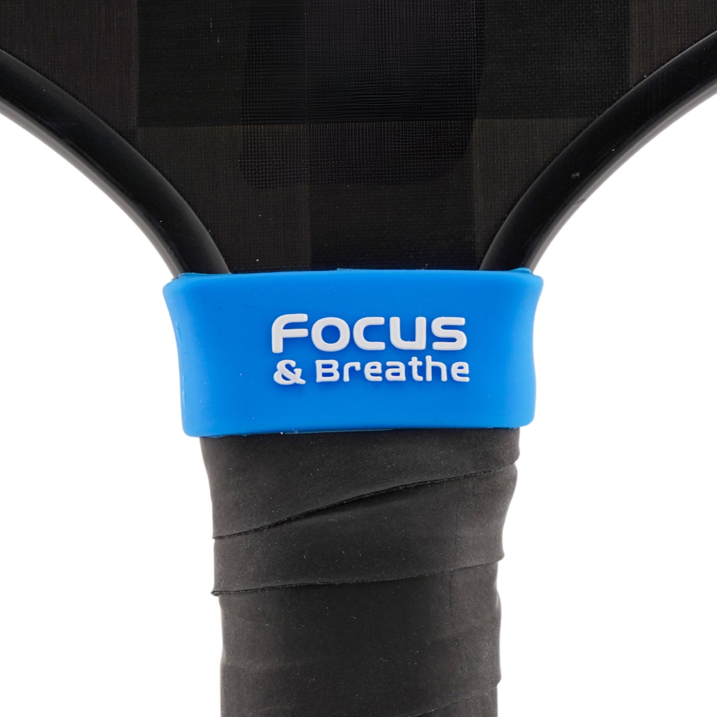 Focus & Breathe Pickleball Band shown on paddle as a color-customized personalized paddle band for pickleball players, ideal for paddle ID, team branding, and custom gear This image features custom pickleball paddle bands, a personalized paddle band, and a customized paddle band, ideal for player ID, team branding, club gear, and tournament accessories.