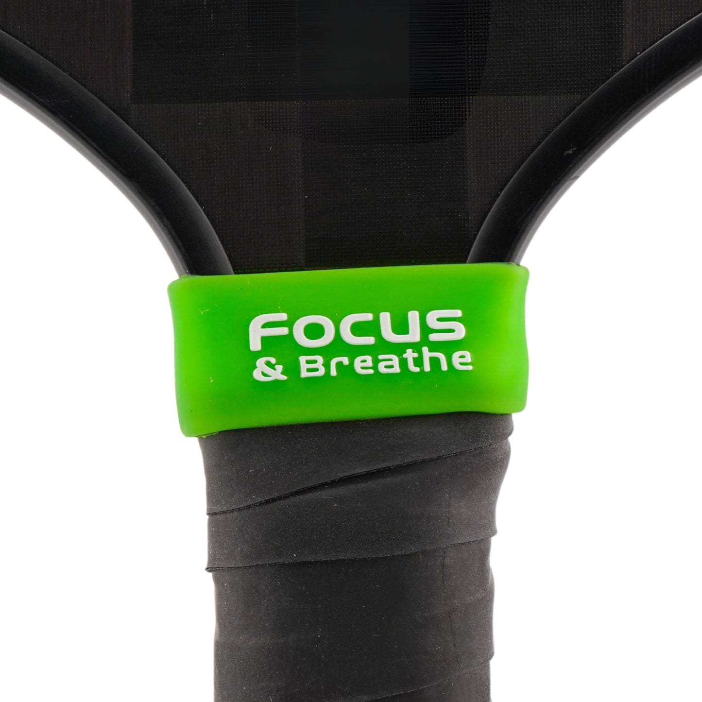 Focus & Breathe Pickleball Band shown on paddle as a color-customized personalized paddle band for pickleball players, ideal for paddle ID, team branding, and custom gear This image features custom pickleball paddle bands, a personalized paddle band, and a customized paddle band, ideal for player ID, team branding, club gear, and tournament accessories.