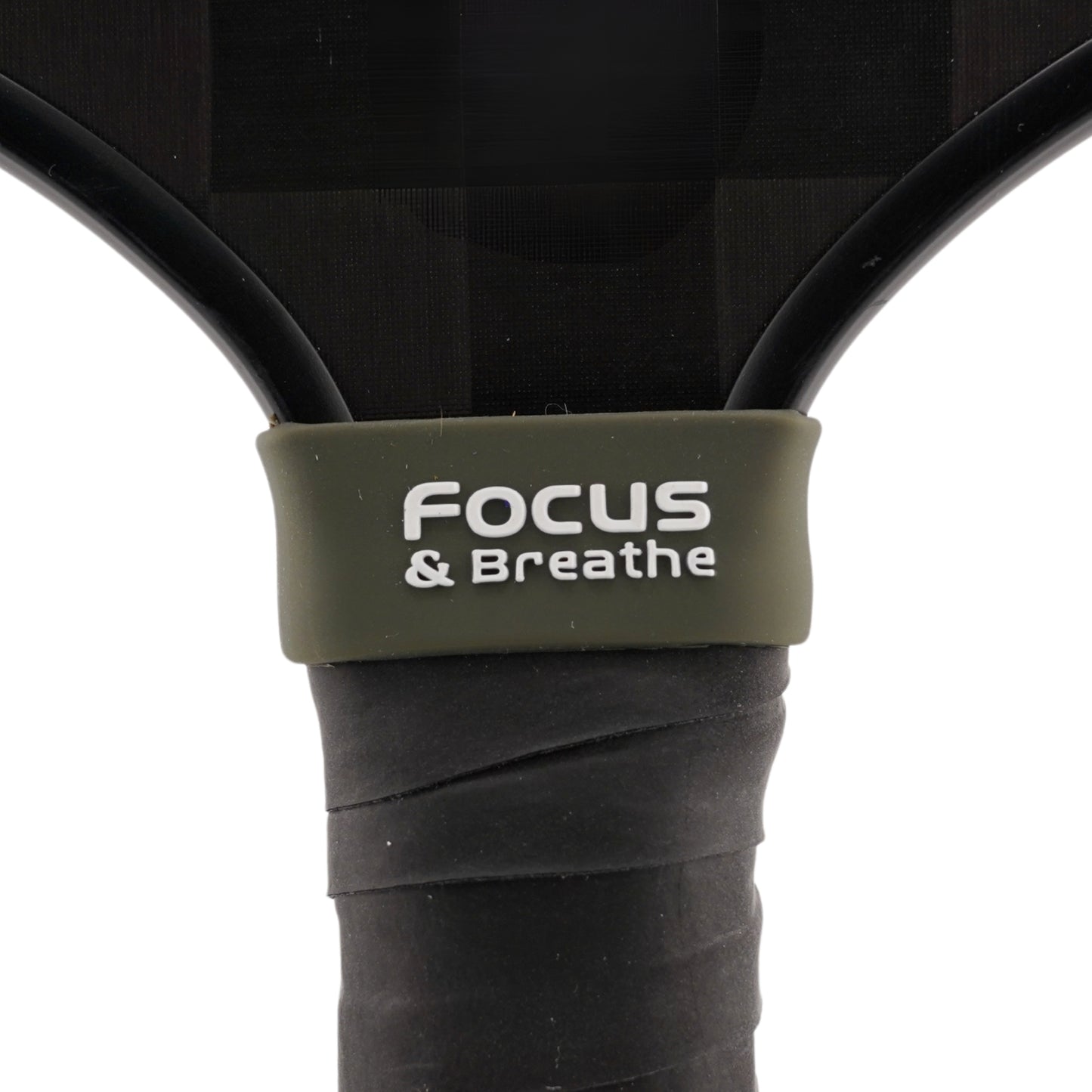 Focus & Breathe Pickleball Band shown on paddle as a color-customized personalized paddle band for pickleball players, ideal for paddle ID, team branding, and custom gear This image features custom pickleball paddle bands, a personalized paddle band, and a customized paddle band, ideal for player ID, team branding, club gear, and tournament accessories.