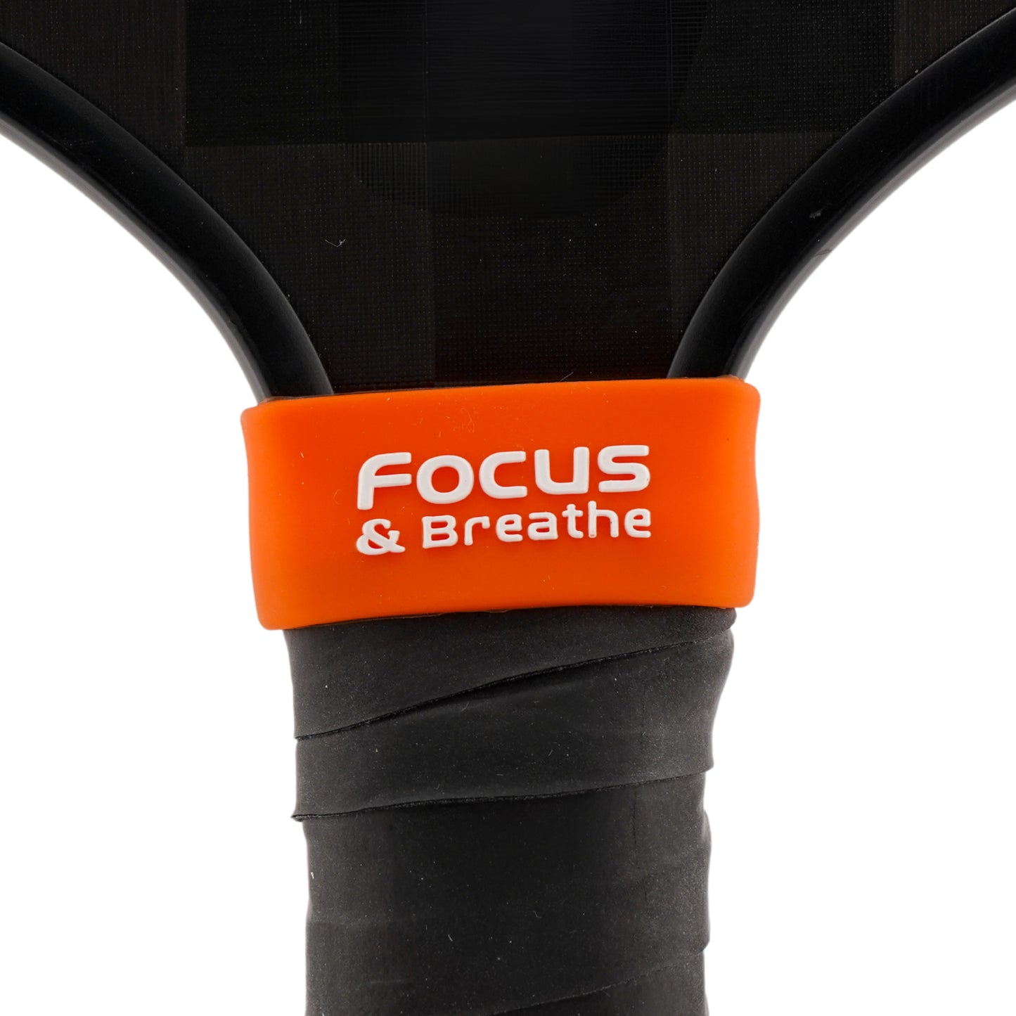 Focus & Breathe Pickleball Band shown on paddle as a color-customized personalized paddle band for pickleball players, ideal for paddle ID, team branding, and custom gear This image features custom pickleball paddle bands, a personalized paddle band, and a customized paddle band, ideal for player ID, team branding, club gear, and tournament accessories.