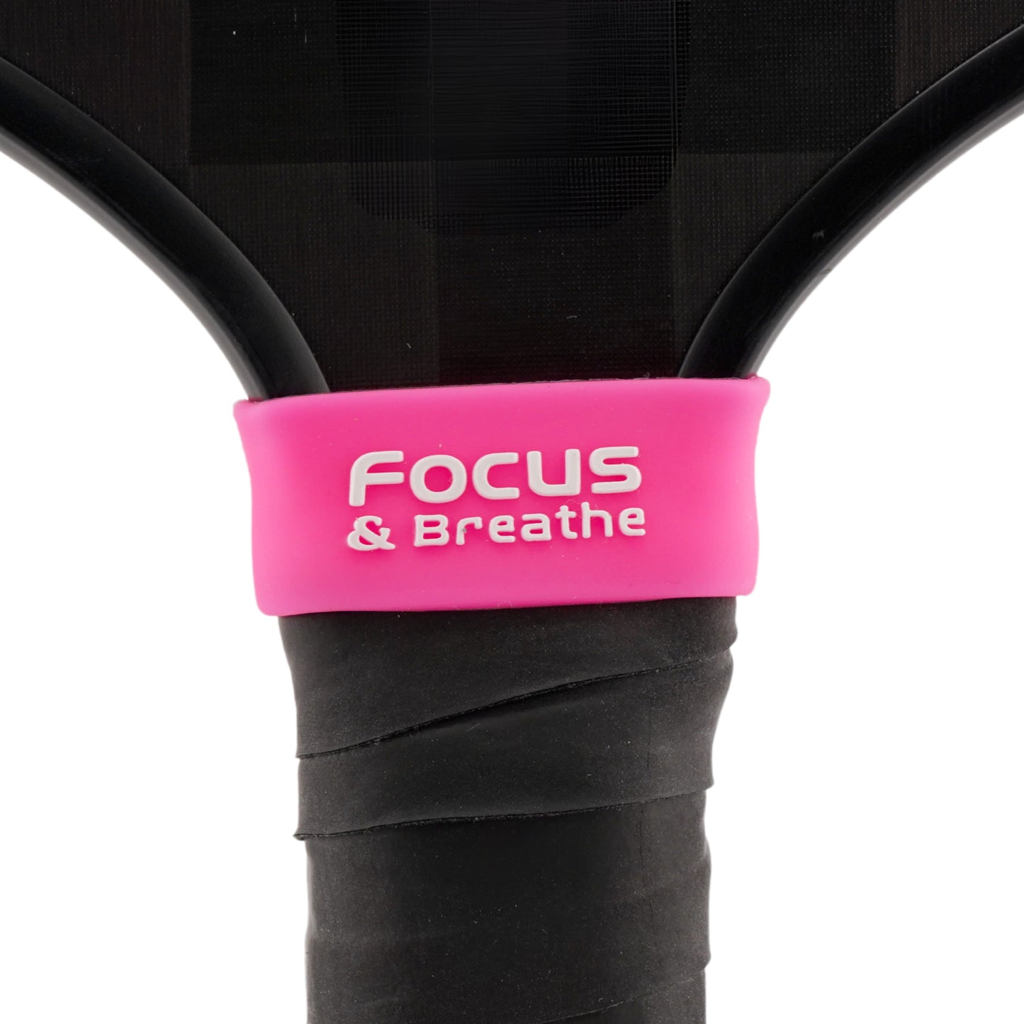 Focus & Breathe Pickleball Band shown on paddle as a color-customized personalized paddle band for pickleball players, ideal for paddle ID, team branding, and custom gear This image features custom pickleball paddle bands, a personalized paddle band, and a customized paddle band, ideal for player ID, team branding, club gear, and tournament accessories.