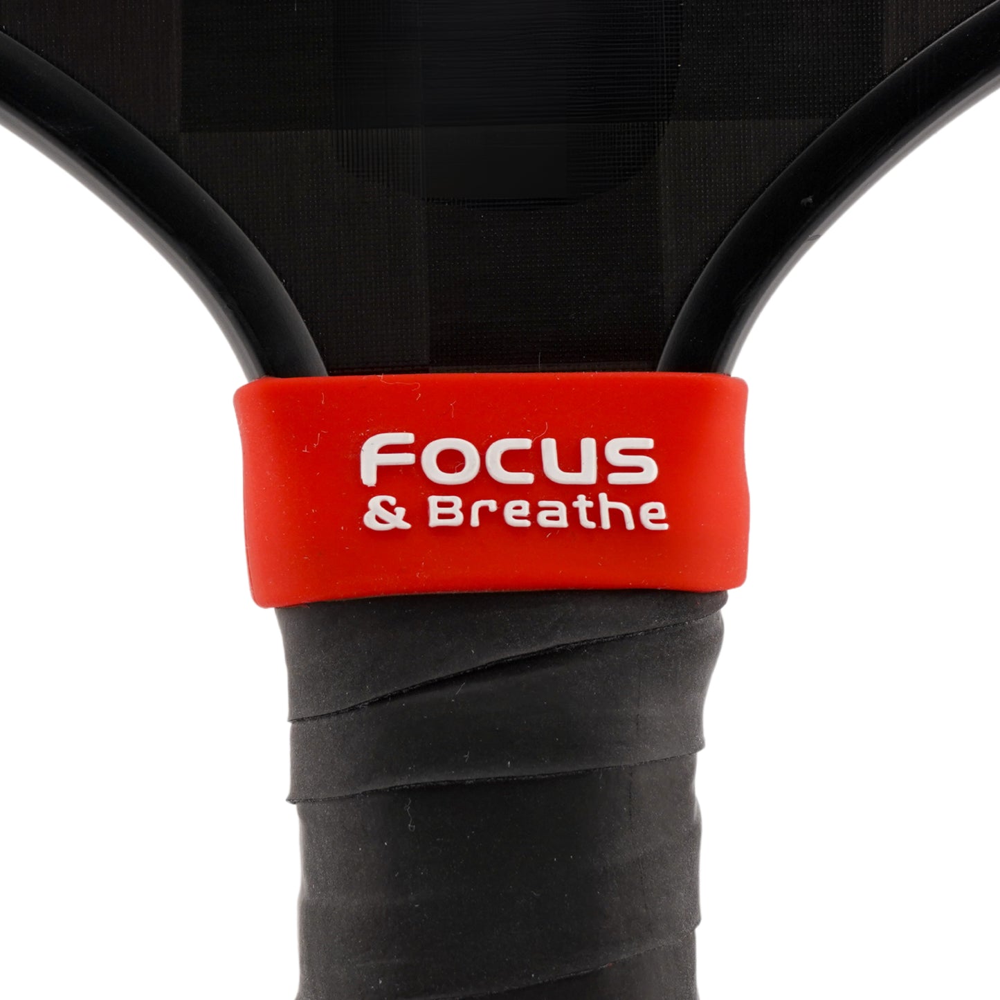Focus & Breathe Pickleball Band shown on paddle as a color-customized personalized paddle band for pickleball players, ideal for paddle ID, team branding, and custom gear This image features custom pickleball paddle bands, a personalized paddle band, and a customized paddle band, ideal for player ID, team branding, club gear, and tournament accessories.
