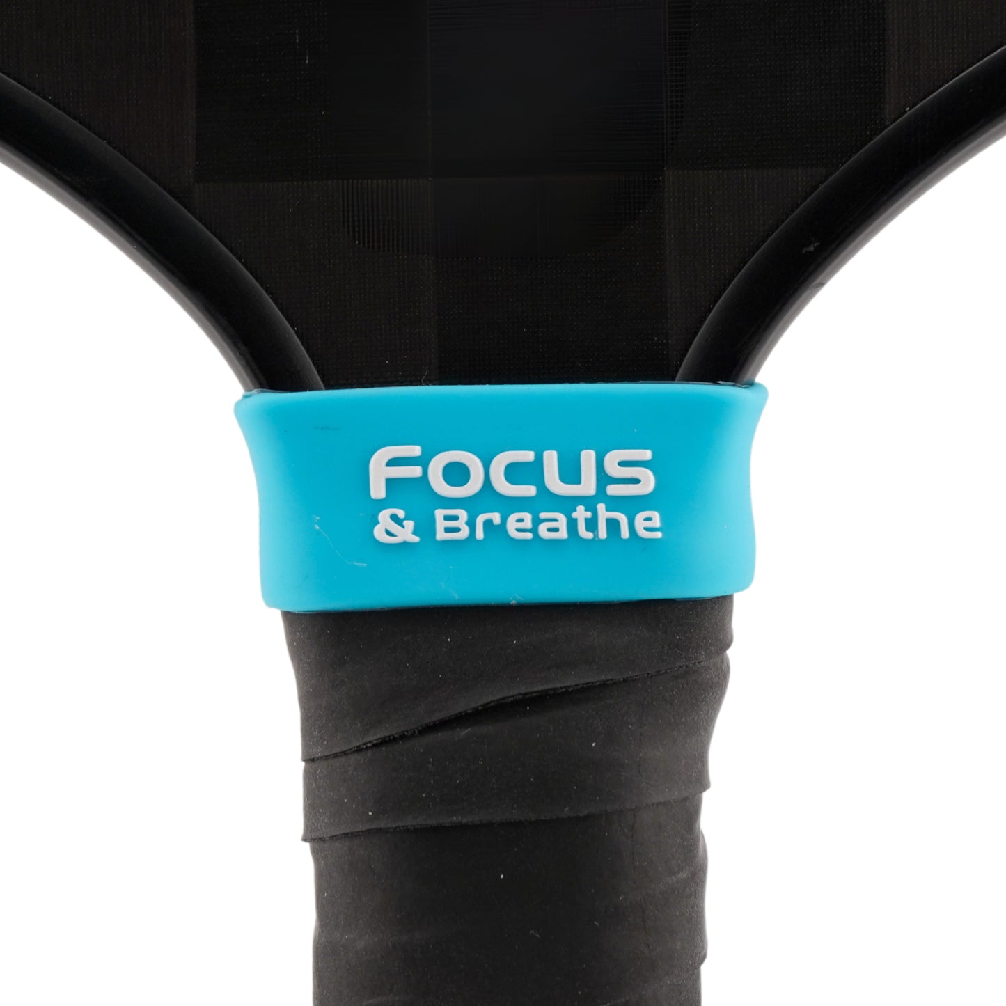 Focus & Breathe Pickleball Band shown on paddle as a color-customized personalized paddle band for pickleball players, ideal for paddle ID, team branding, and custom gear This image features custom pickleball paddle bands, a personalized paddle band, and a customized paddle band, ideal for player ID, team branding, club gear, and tournament accessories.