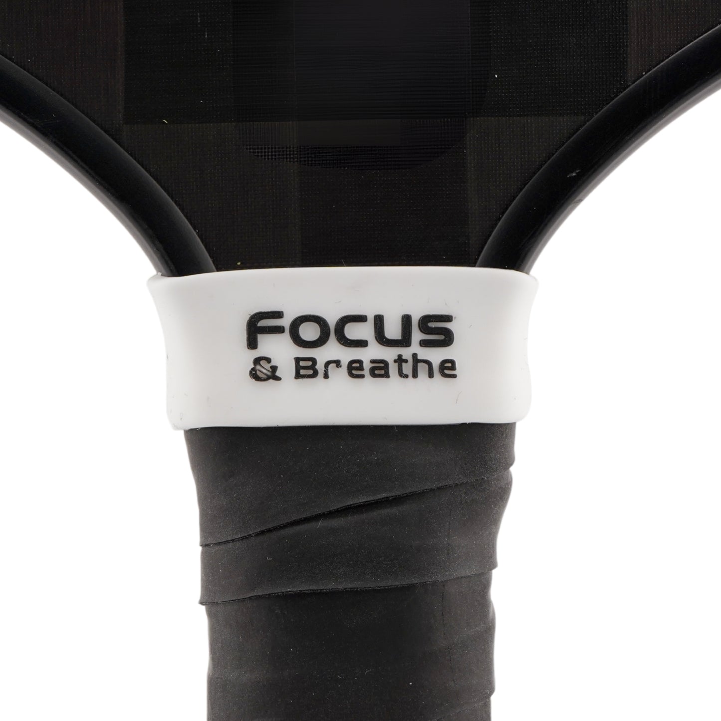 Focus & Breathe Pickleball Band shown on paddle as a color-customized personalized paddle band for pickleball players, ideal for paddle ID, team branding, and custom gear This image features custom pickleball paddle bands, a personalized paddle band, and a customized paddle band, ideal for player ID, team branding, club gear, and tournament accessories.
