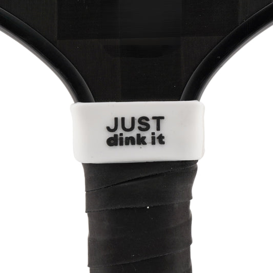 Just Dink It Pickleball Band shown on paddle as a color-customized personalized paddle band for pickleball players, ideal for paddle ID, team branding, and custom gear This image features custom pickleball paddle bands, a personalized paddle band, and a customized paddle band, ideal for player ID, team branding, club gear, and tournament accessories.