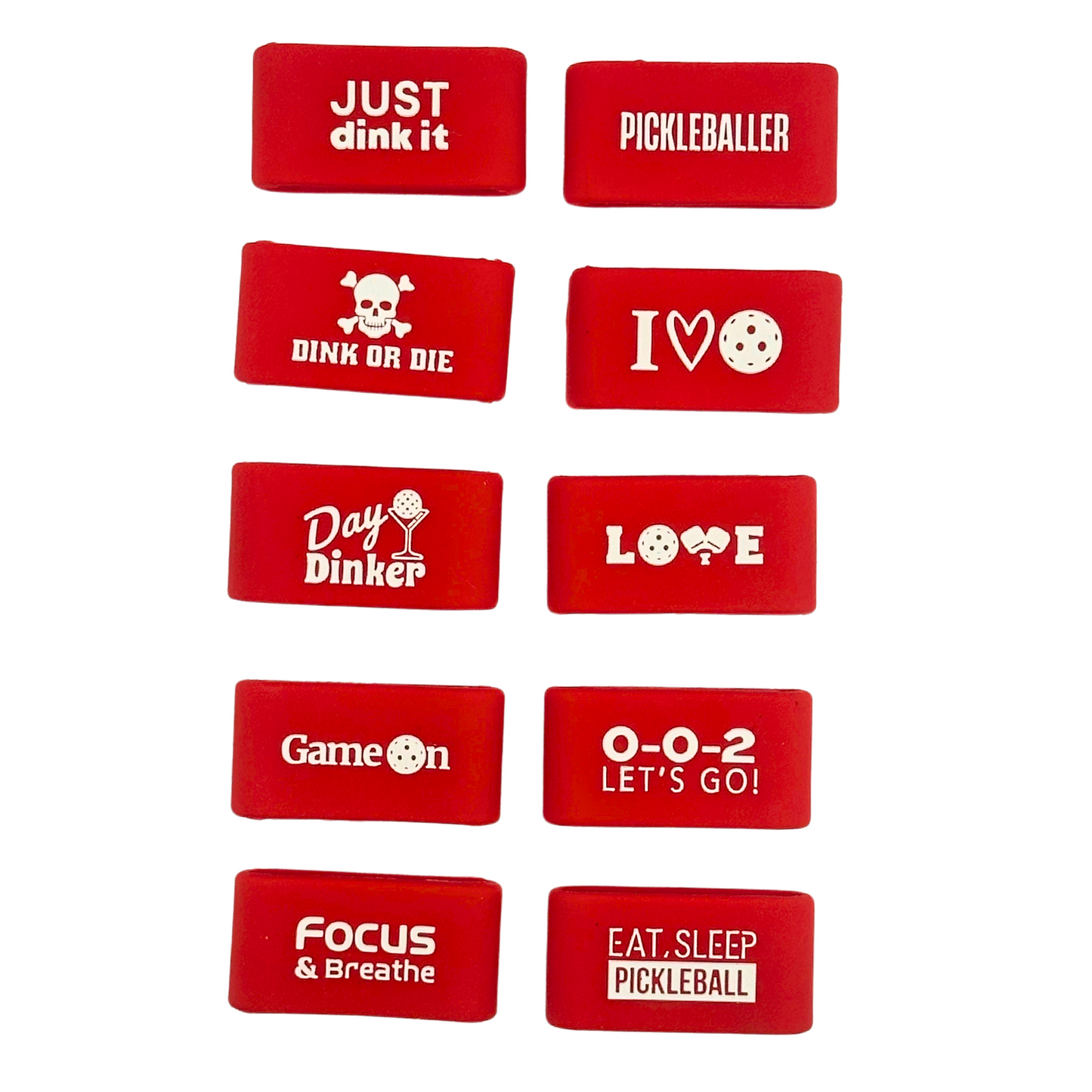 Pro-Look Band 10 Pack shown off paddle as a color-custom pickleball paddle band, perfect for personalized gear, clubs, tournaments, and accessory organization This image features custom pickleball paddle bands, a personalized paddle band, and a customized paddle band, ideal for player ID, team branding, club gear, and tournament accessories.