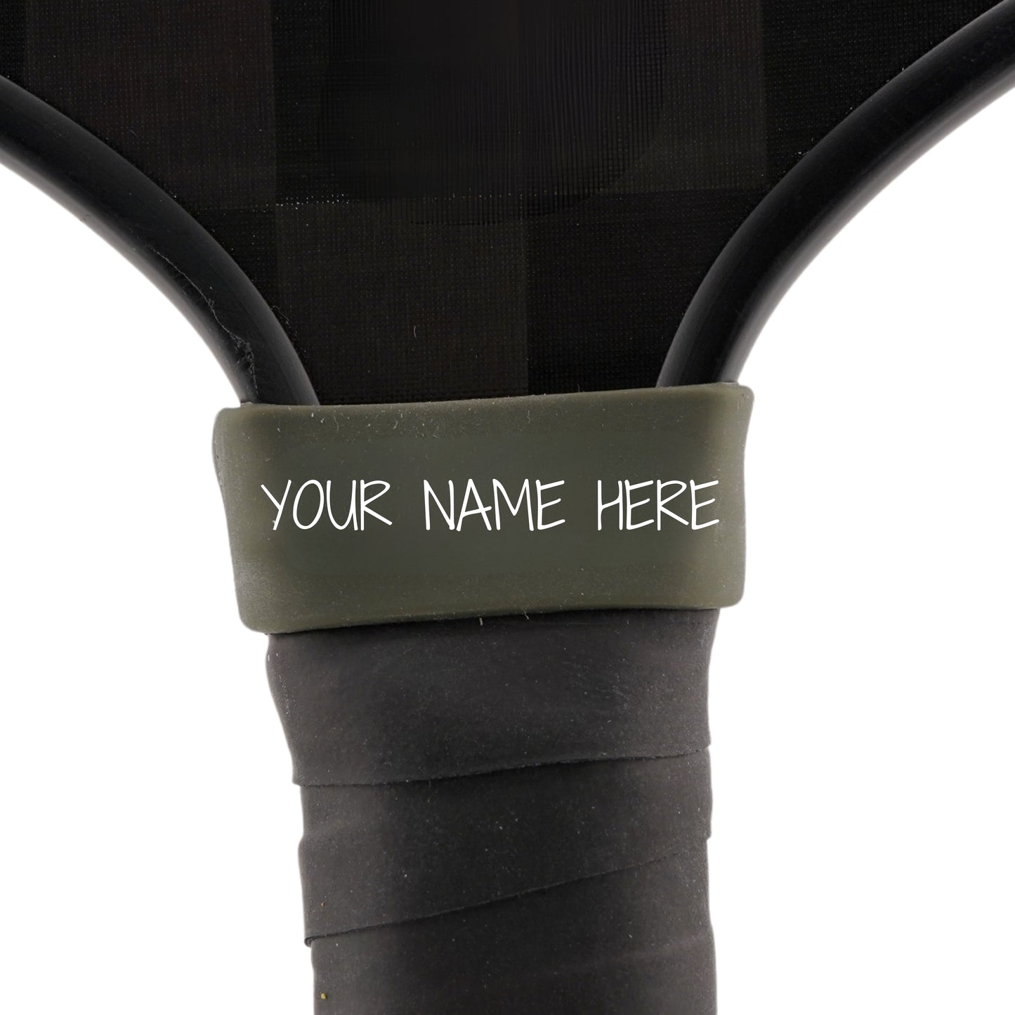 Graphite Grey Paddle Band shown on paddle as a color-customized personalized paddle band for pickleball players, ideal for paddle ID, team branding, and custom gear This image features custom pickleball paddle bands, a personalized paddle band, and a customized paddle band, ideal for player ID, team branding, club gear, and tournament accessories.