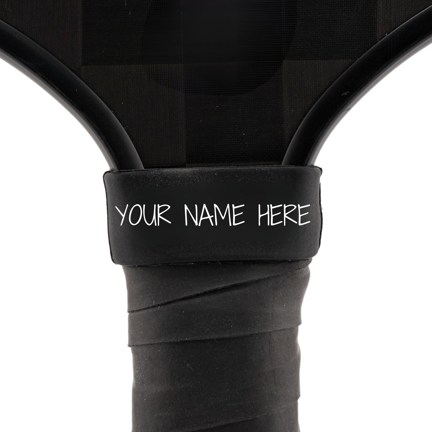 Jet Black Paddle Band shown on paddle as a color-custom pickleball paddle band, perfect for personalized gear, clubs, tournaments, and accessory organization This image features custom pickleball paddle bands, a personalized paddle band, and a customized paddle band, ideal for player ID, team branding, club gear, and tournament accessories.