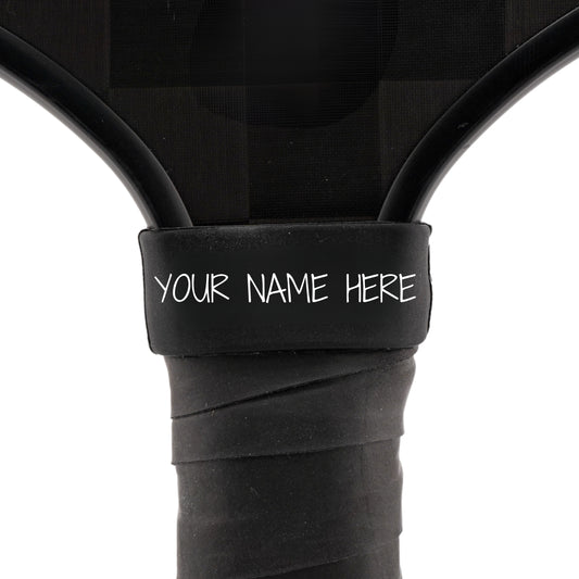 Jet Black Paddle Band shown on paddle as a color-custom pickleball paddle band, perfect for personalized gear, clubs, tournaments, and accessory organization This image features custom pickleball paddle bands, a personalized paddle band, and a customized paddle band, ideal for player ID, team branding, club gear, and tournament accessories.