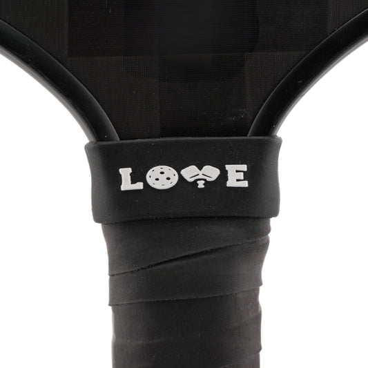 LOVE Pickleball Band shown off paddle as a color-custom pickleball paddle band, perfect for personalized gear, clubs, tournaments, and accessory organization This image features custom pickleball paddle bands, a personalized paddle band, and a customized paddle band, ideal for player ID, team branding, club gear, and tournament accessories.