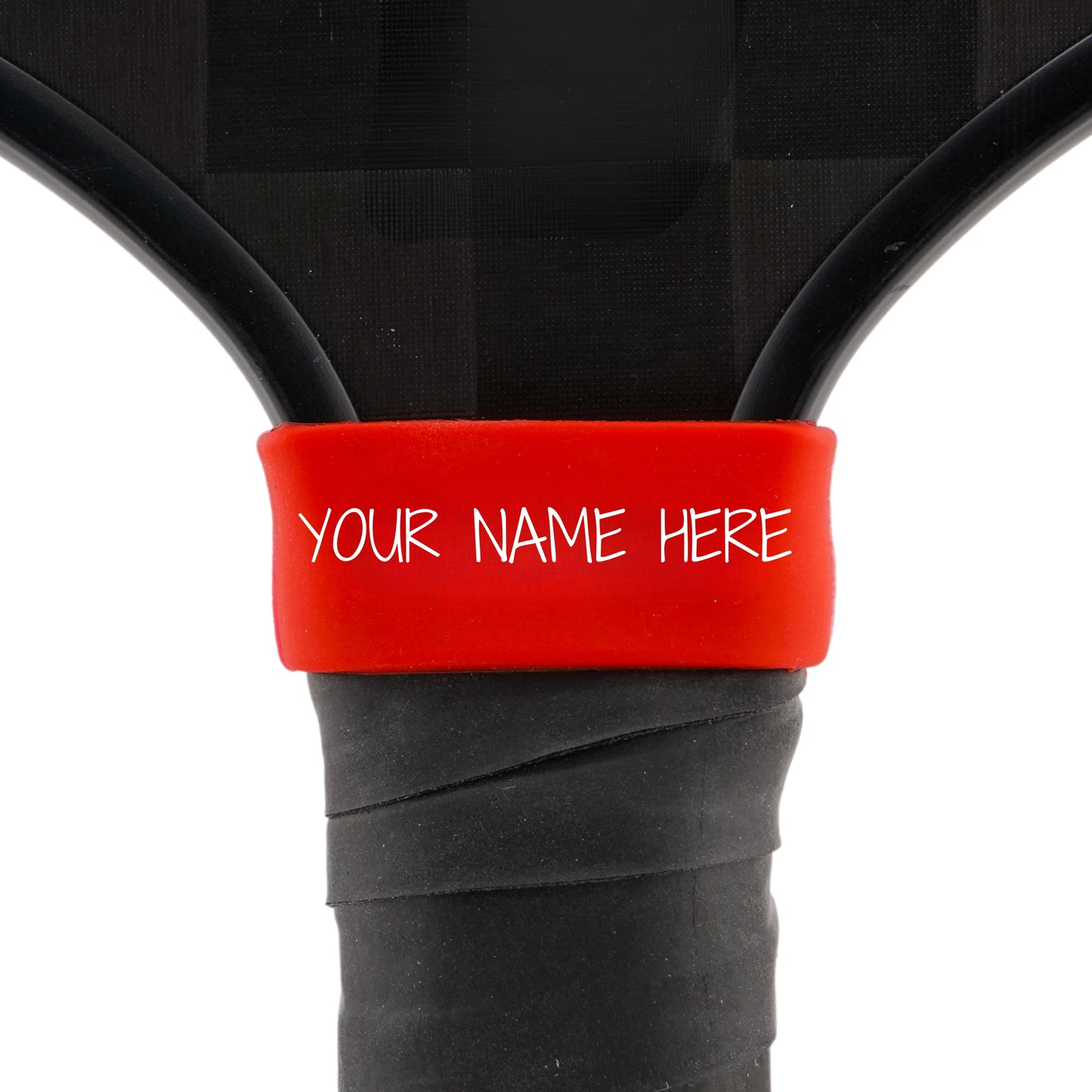 Vibrant Red Paddle Band shown on paddle as a color-customized personalized paddle band for pickleball players, ideal for paddle ID, team branding, and custom gear This image features custom pickleball paddle bands, a personalized paddle band, and a customized paddle band, ideal for player ID, team branding, club gear, and tournament accessories.