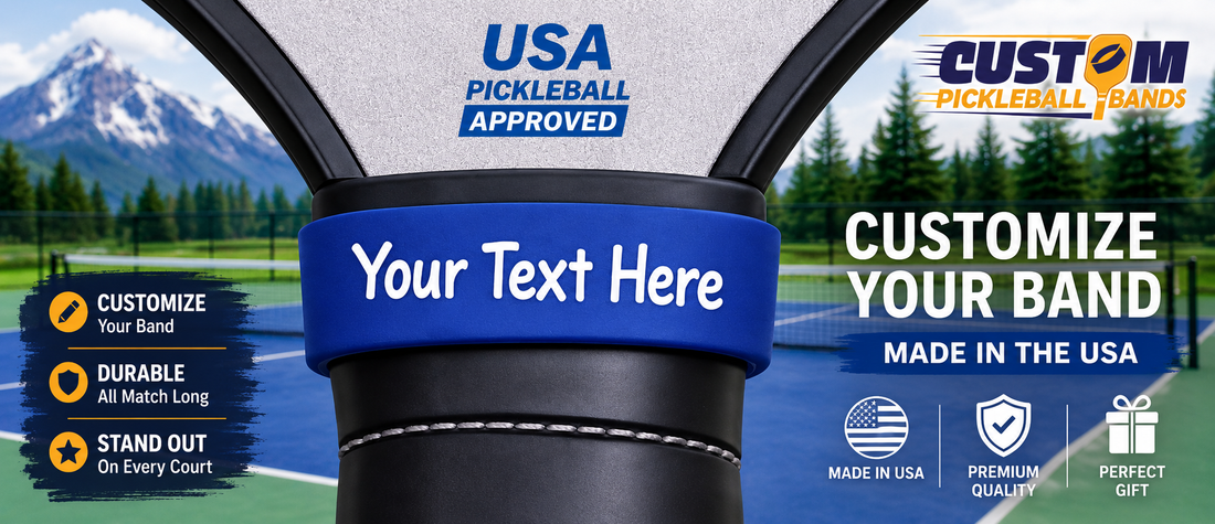 Vatic Pro, Six Zero, and Gearbox pickleball paddles with custom personalized paddle bands for player identification and pickleball accessories.