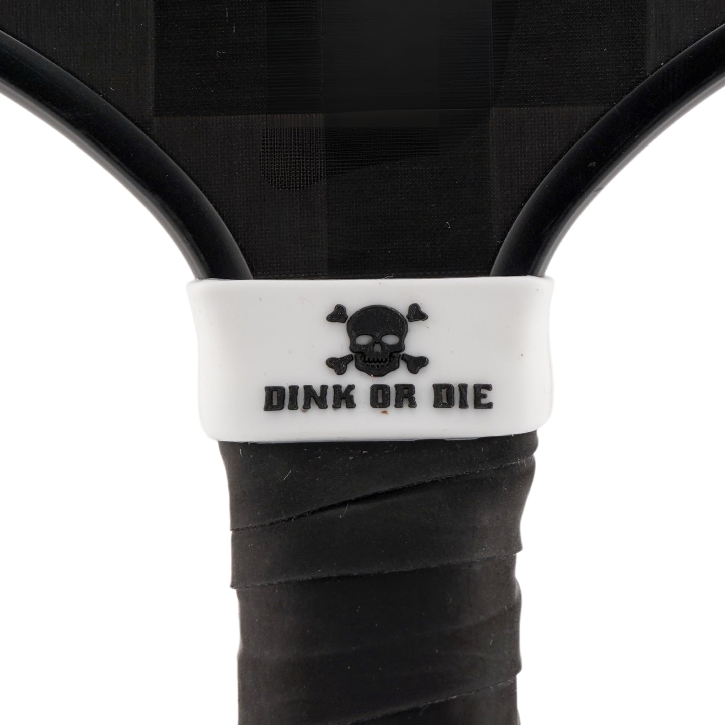 Dink or Die Pickleball Band shown on paddle as a color-customized personalized paddle band for pickleball players, ideal for paddle ID, team branding, and custom gear This image features custom pickleball paddle bands, a personalized paddle band, and a customized paddle band, ideal for player ID, team branding, club gear, and tournament accessories.
