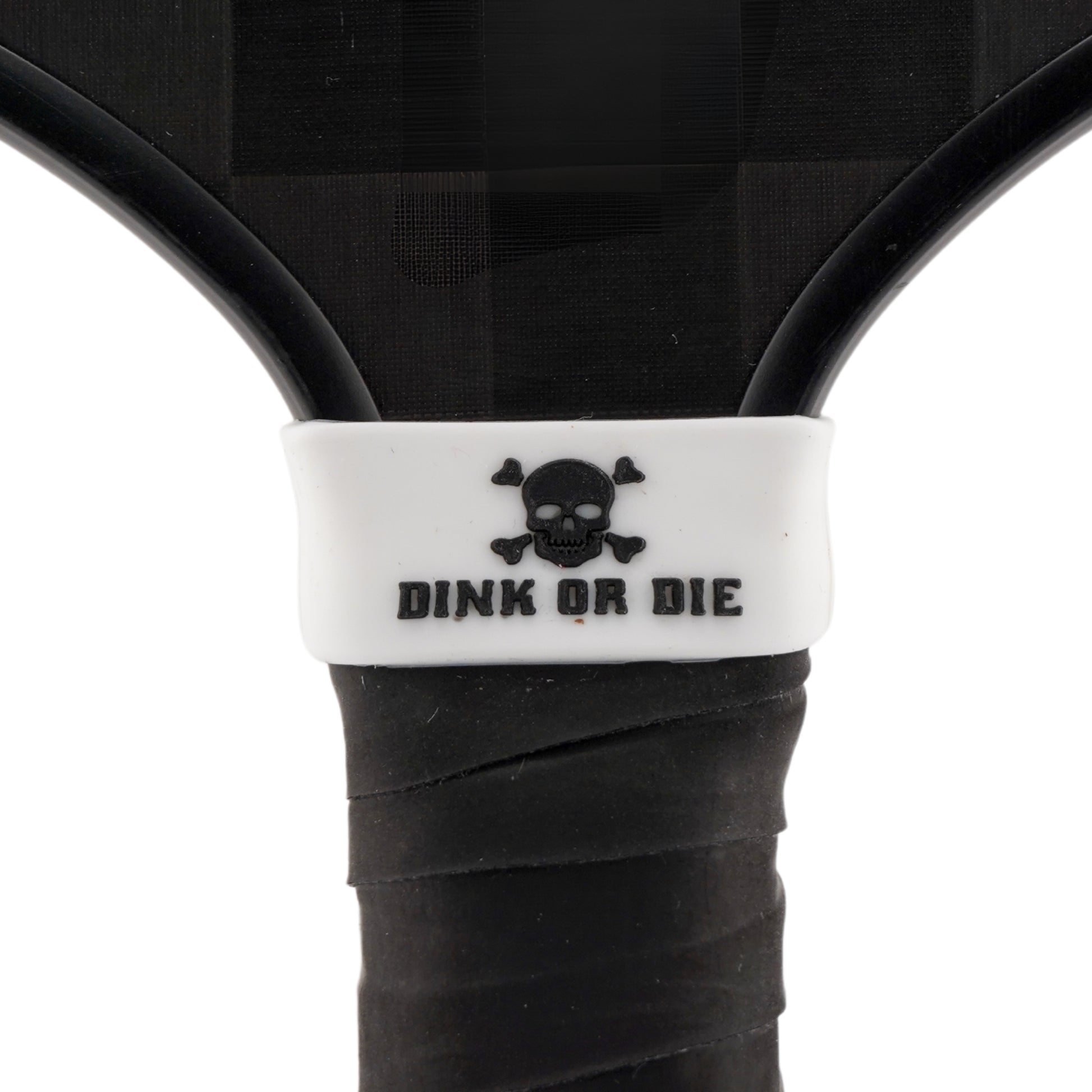 Dink or Die Pickleball Band shown on paddle as a color-customized personalized paddle band for pickleball players, ideal for paddle ID, team branding, and custom gear This image features custom pickleball paddle bands, a personalized paddle band, and a customized paddle band, ideal for player ID, team branding, club gear, and tournament accessories.