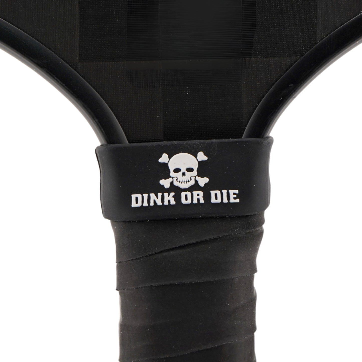 Dink or Die Pickleball Band shown on paddle as a color-customized personalized paddle band for pickleball players, ideal for paddle ID, team branding, and custom gear This image features custom pickleball paddle bands, a personalized paddle band, and a customized paddle band, ideal for player ID, team branding, club gear, and tournament accessories.