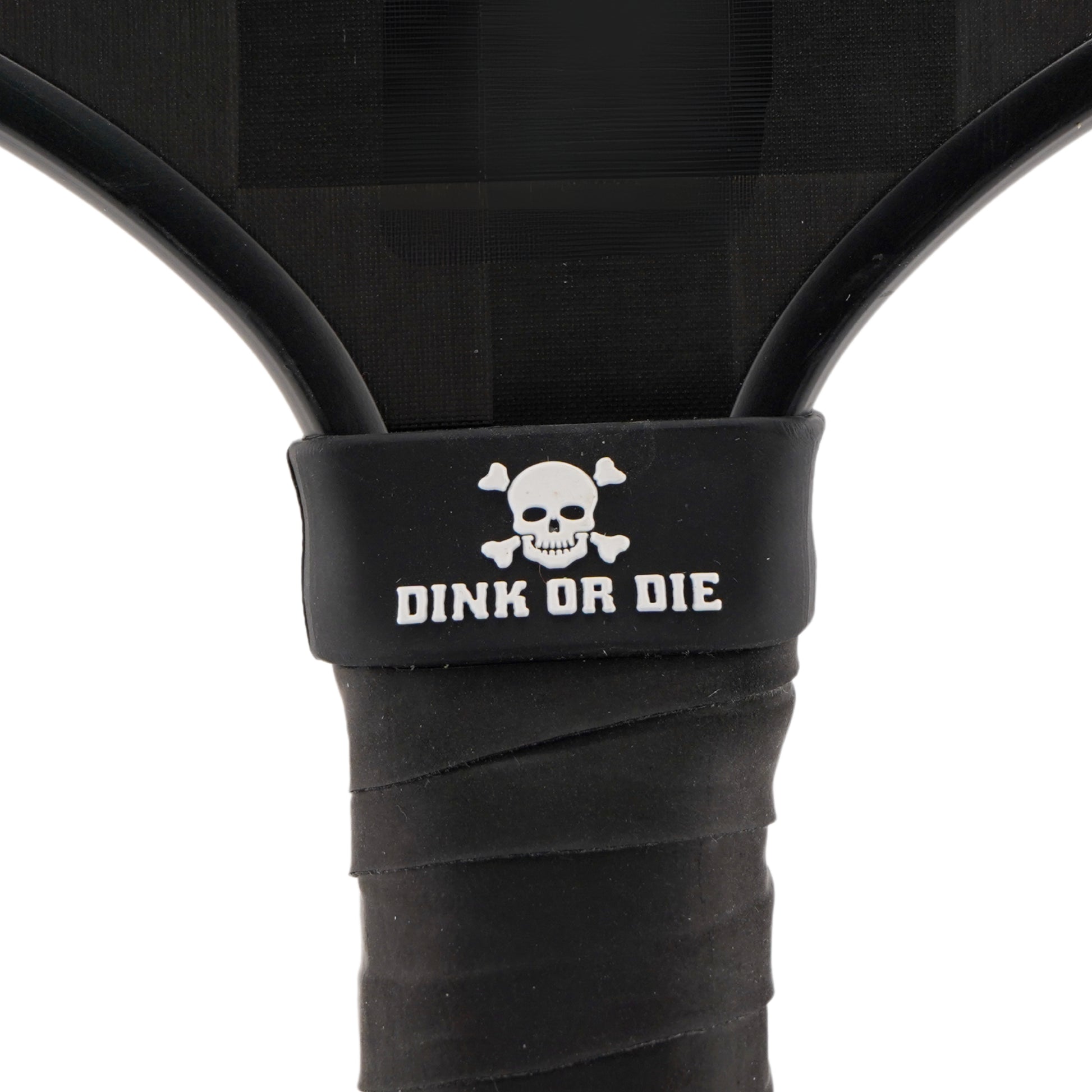 Dink or Die Pickleball Band shown on paddle as a color-customized personalized paddle band for pickleball players, ideal for paddle ID, team branding, and custom gear This image features custom pickleball paddle bands, a personalized paddle band, and a customized paddle band, ideal for player ID, team branding, club gear, and tournament accessories.