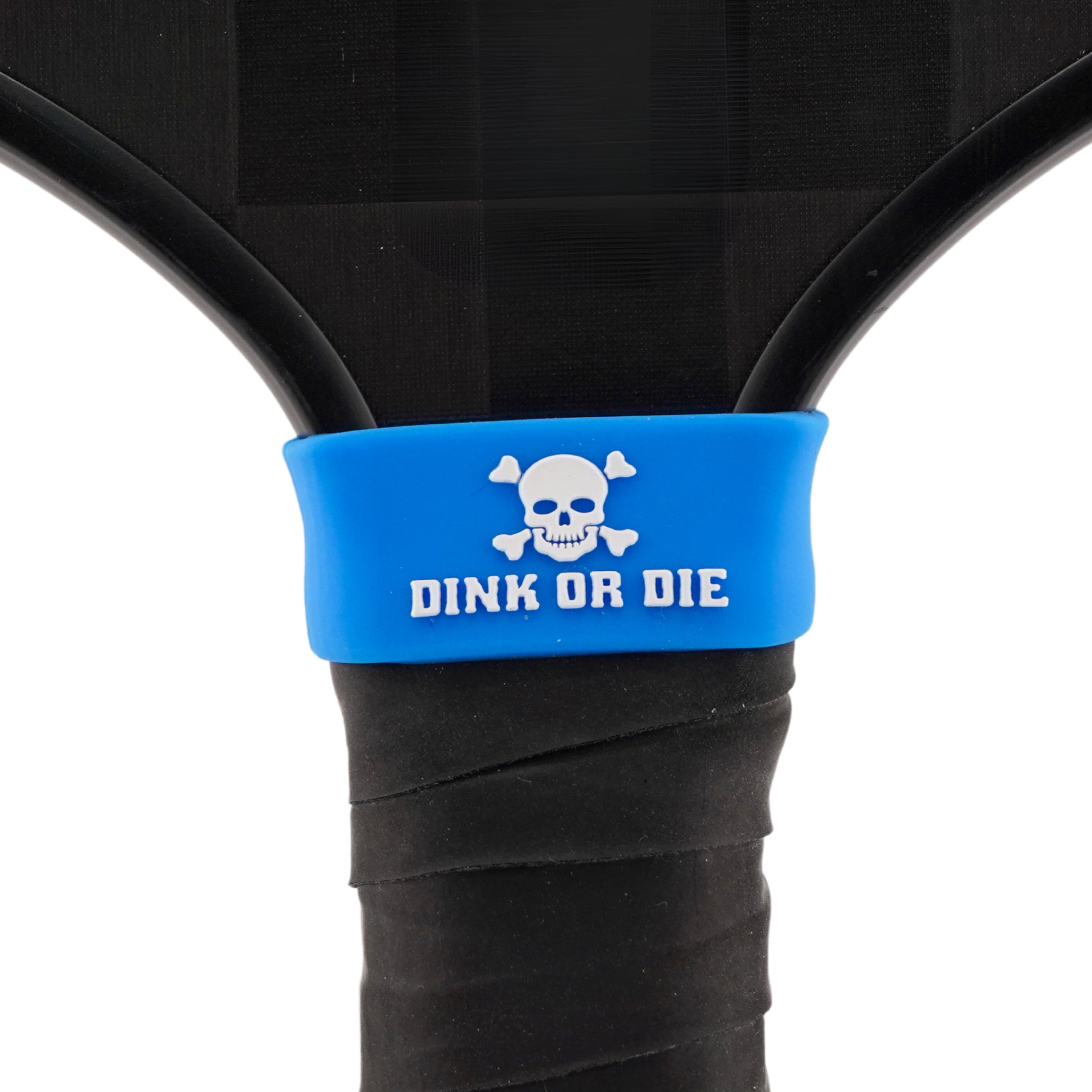 Dink or Die Pickleball Band shown on paddle as a color-customized personalized paddle band for pickleball players, ideal for paddle ID, team branding, and custom gear This image features custom pickleball paddle bands, a personalized paddle band, and a customized paddle band, ideal for player ID, team branding, club gear, and tournament accessories.