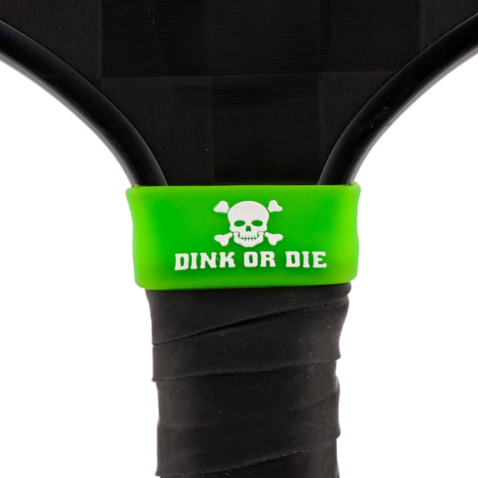 Dink or Die Pickleball Band shown on paddle as a color-customized personalized paddle band for pickleball players, ideal for paddle ID, team branding, and custom gear This image features custom pickleball paddle bands, a personalized paddle band, and a customized paddle band, ideal for player ID, team branding, club gear, and tournament accessories.