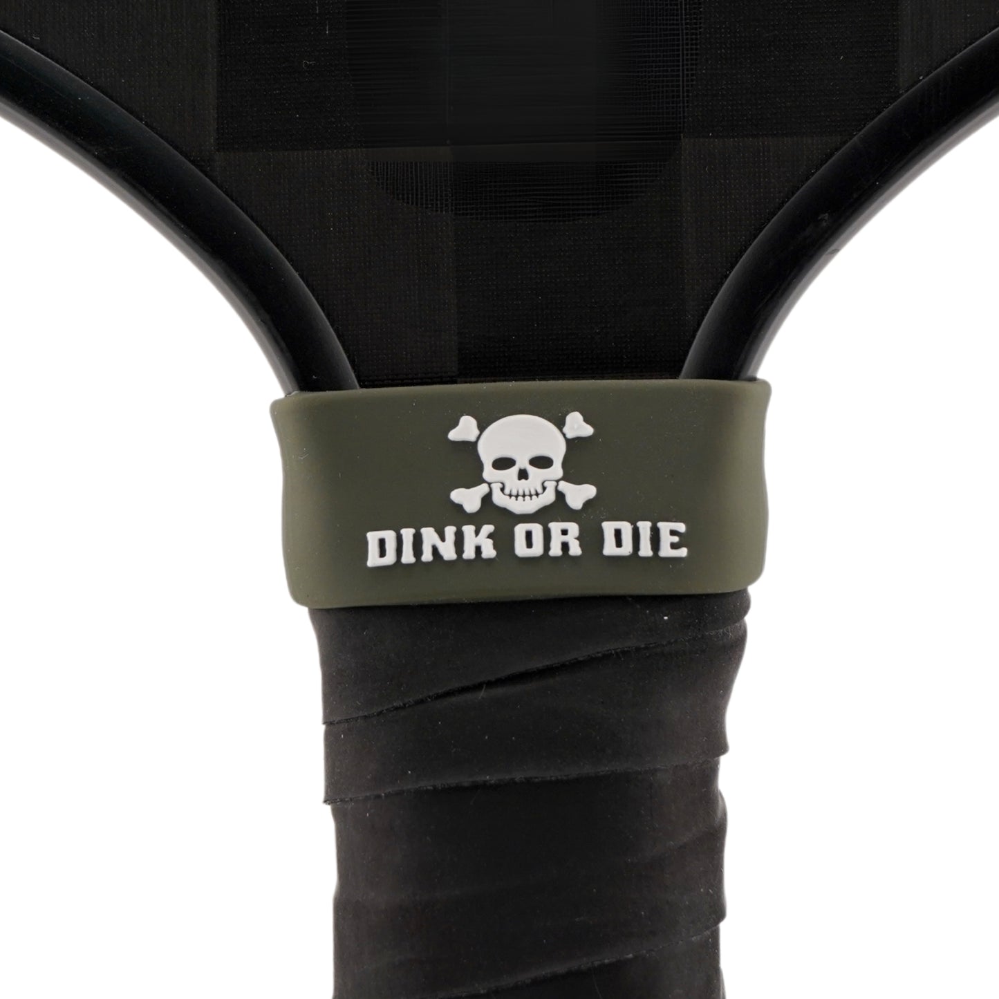 Dink or Die Pickleball Band shown on paddle as a color-customized personalized paddle band for pickleball players, ideal for paddle ID, team branding, and custom gear This image features custom pickleball paddle bands, a personalized paddle band, and a customized paddle band, ideal for player ID, team branding, club gear, and tournament accessories.