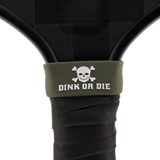 Dink or Die Pickleball Band shown on paddle as a color-customized personalized paddle band for pickleball players, ideal for paddle ID, team branding, and custom gear This image features custom pickleball paddle bands, a personalized paddle band, and a customized paddle band, ideal for player ID, team branding, club gear, and tournament accessories.