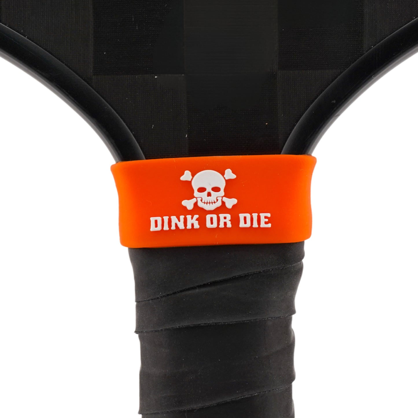Dink or Die Pickleball Band shown on paddle as a color-customized personalized paddle band for pickleball players, ideal for paddle ID, team branding, and custom gear This image features custom pickleball paddle bands, a personalized paddle band, and a customized paddle band, ideal for player ID, team branding, club gear, and tournament accessories.