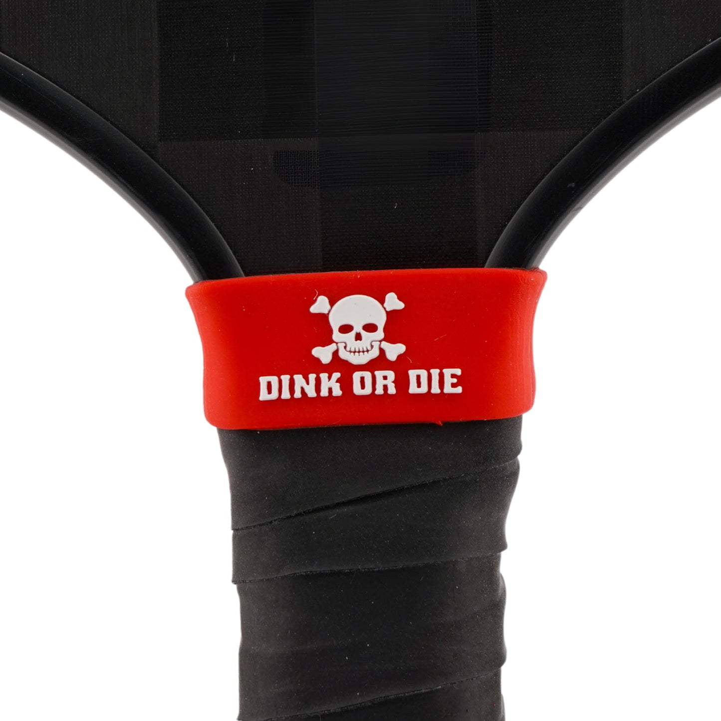 Dink or Die Pickleball Band shown on paddle as a color-customized personalized paddle band for pickleball players, ideal for paddle ID, team branding, and custom gear This image features custom pickleball paddle bands, a personalized paddle band, and a customized paddle band, ideal for player ID, team branding, club gear, and tournament accessories.