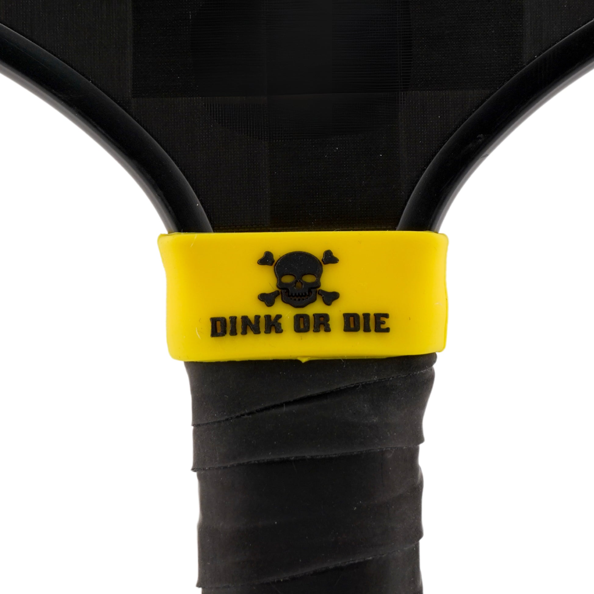 Dink or Die Pickleball Band shown on paddle as a color-customized personalized paddle band for pickleball players, ideal for paddle ID, team branding, and custom gear This image features custom pickleball paddle bands, a personalized paddle band, and a customized paddle band, ideal for player ID, team branding, club gear, and tournament accessories.