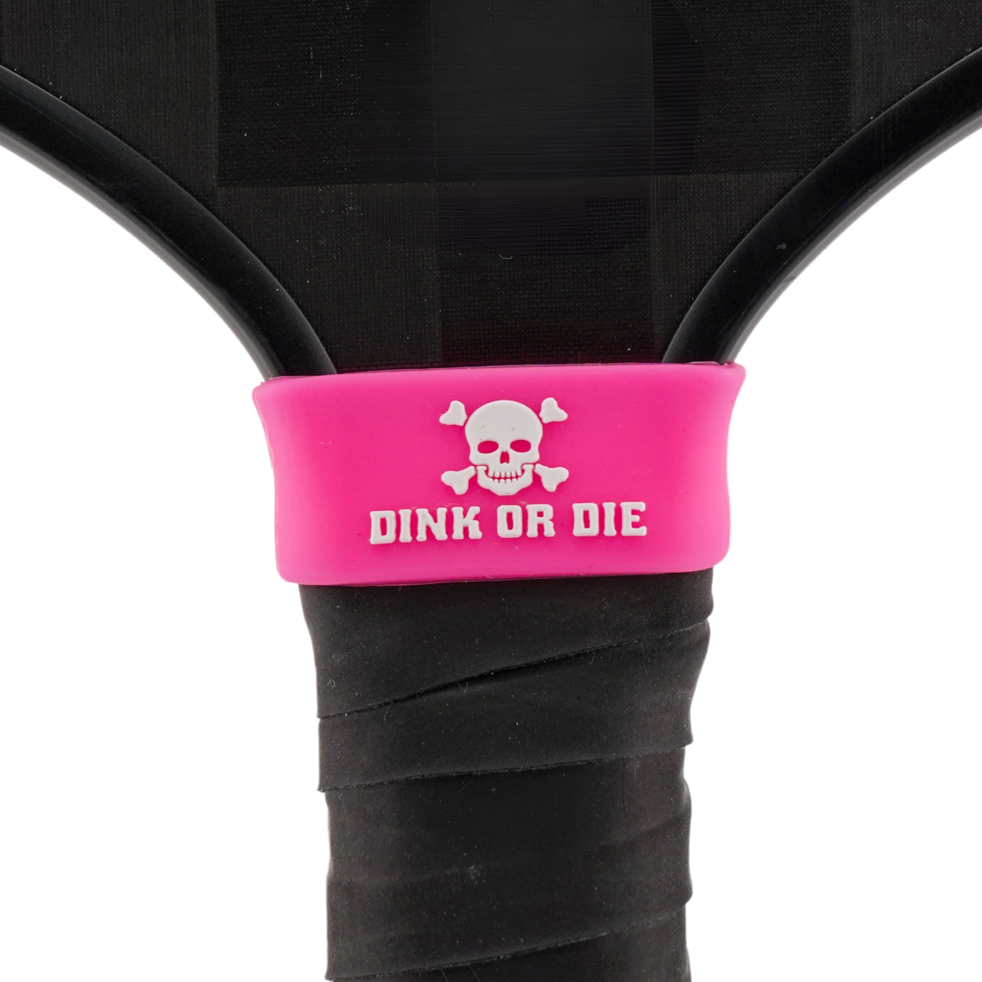 Dink or Die Pickleball Band shown on paddle as a color-customized personalized paddle band for pickleball players, ideal for paddle ID, team branding, and custom gear This image features custom pickleball paddle bands, a personalized paddle band, and a customized paddle band, ideal for player ID, team branding, club gear, and tournament accessories.