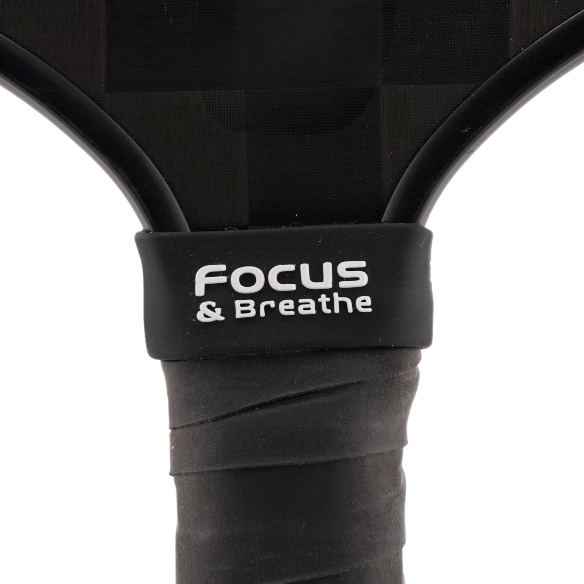 Focus & Breathe Pickleball Band shown on paddle as a color-customized personalized paddle band for pickleball players, ideal for paddle ID, team branding, and custom gear This image features custom pickleball paddle bands, a personalized paddle band, and a customized paddle band, ideal for player ID, team branding, club gear, and tournament accessories.