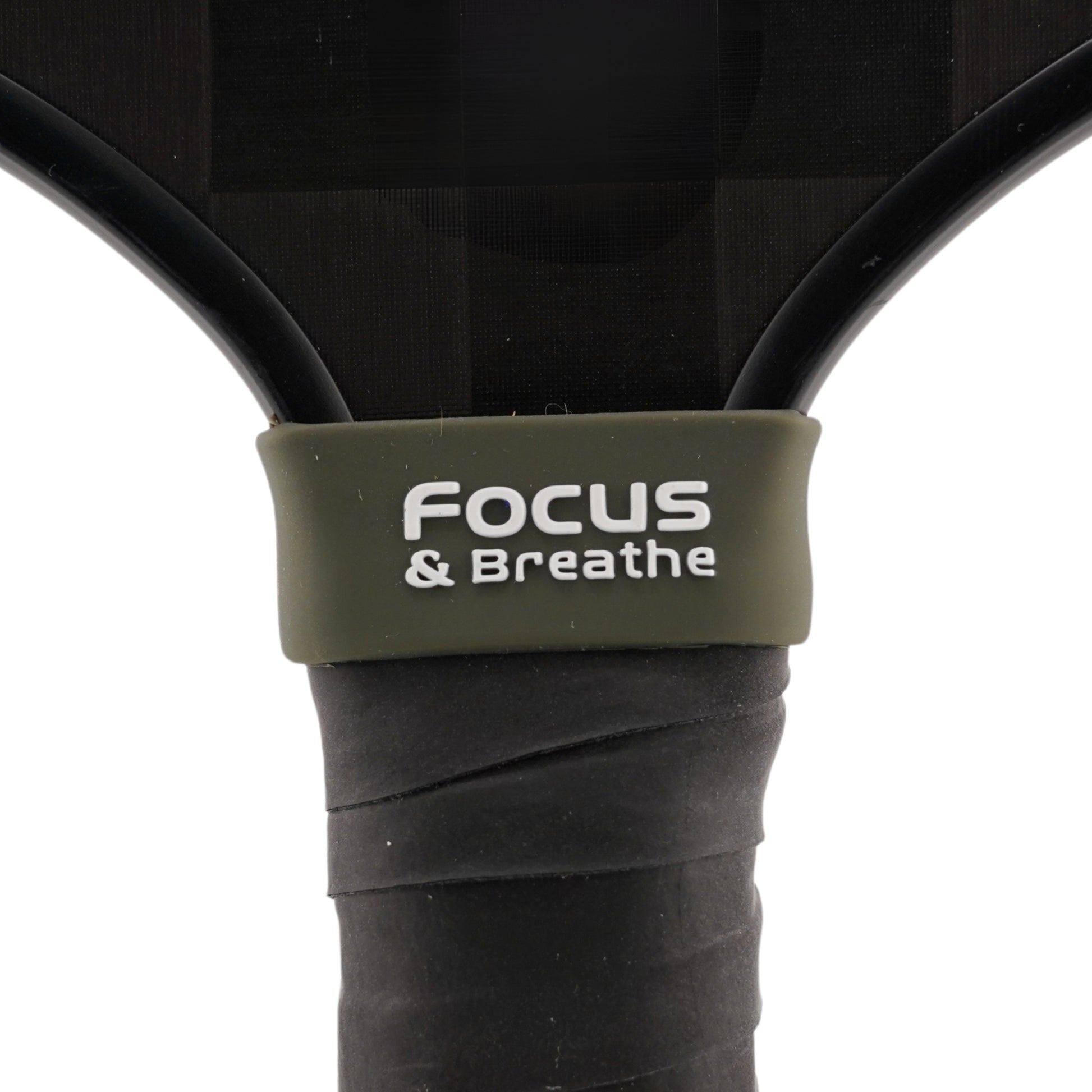 Focus & Breathe Pickleball Band shown on paddle as a color-customized personalized paddle band for pickleball players, ideal for paddle ID, team branding, and custom gear This image features custom pickleball paddle bands, a personalized paddle band, and a customized paddle band, ideal for player ID, team branding, club gear, and tournament accessories.