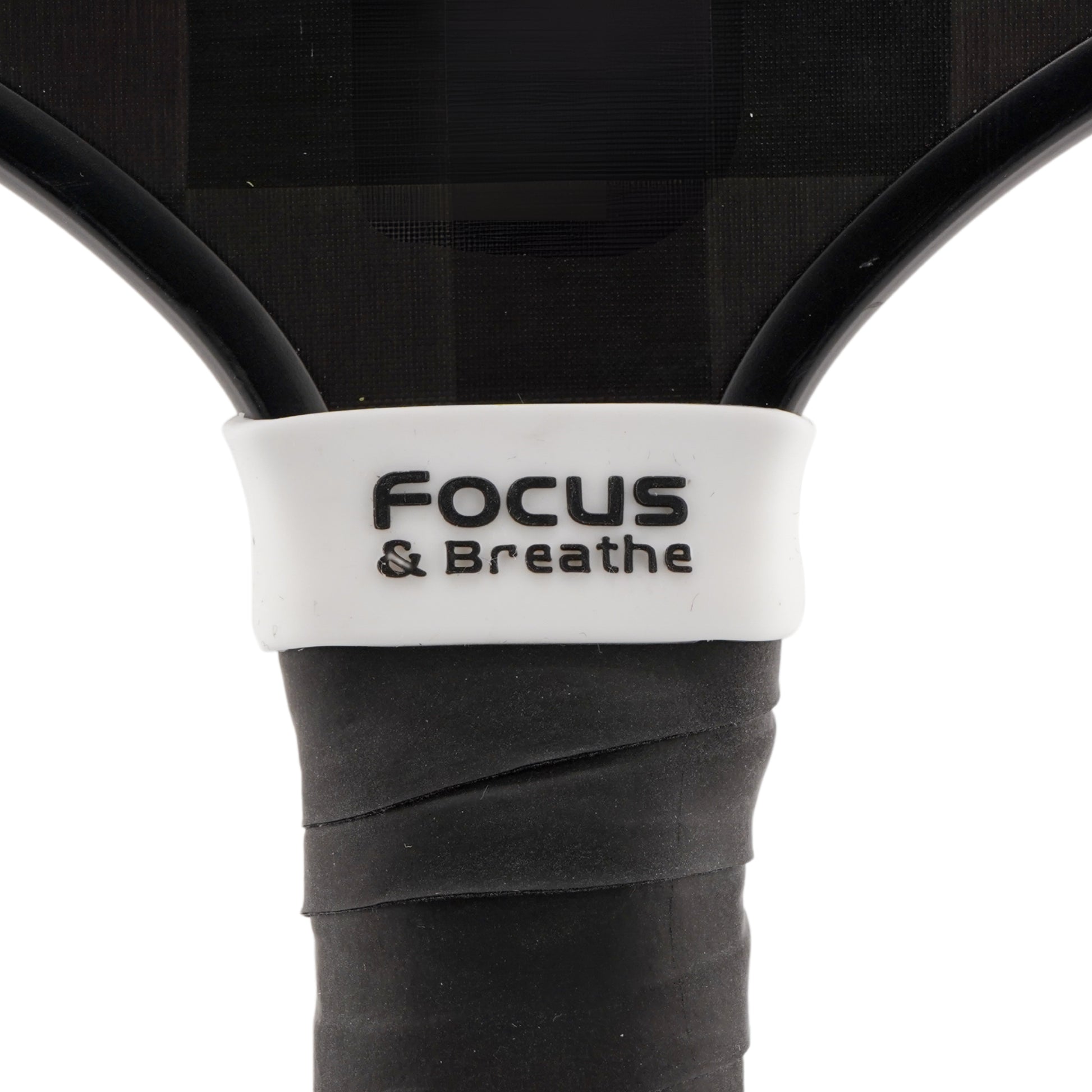 Focus & Breathe Pickleball Band shown on paddle as a color-customized personalized paddle band for pickleball players, ideal for paddle ID, team branding, and custom gear This image features custom pickleball paddle bands, a personalized paddle band, and a customized paddle band, ideal for player ID, team branding, club gear, and tournament accessories.