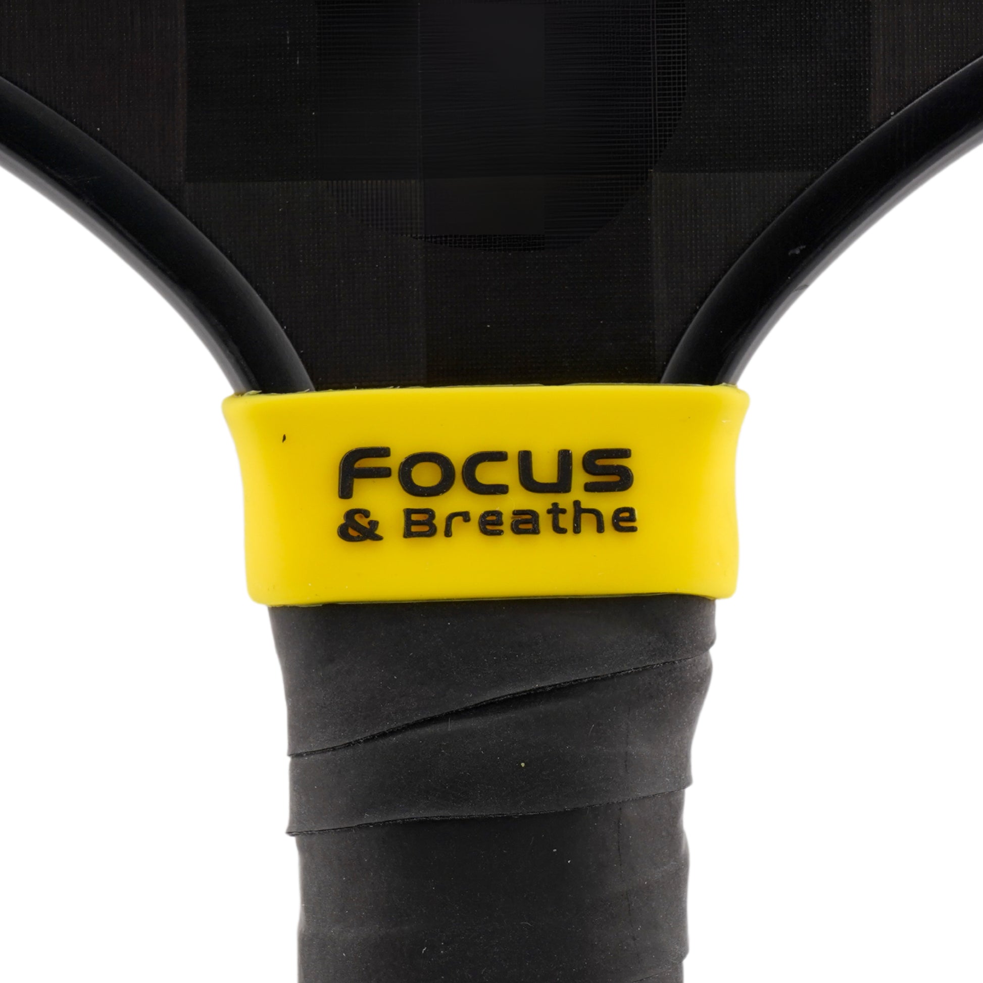 Focus & Breathe Pickleball Band shown on paddle as a color-customized personalized paddle band for pickleball players, ideal for paddle ID, team branding, and custom gear This image features custom pickleball paddle bands, a personalized paddle band, and a customized paddle band, ideal for player ID, team branding, club gear, and tournament accessories.