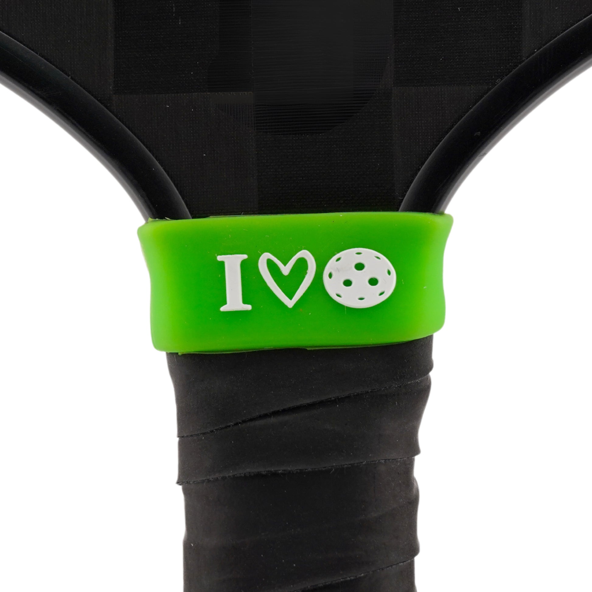 I Love Pickleball Pickleball Band shown on paddle as a color-customized personalized paddle band for pickleball players, ideal for paddle ID, team branding, and custom gear This image features custom pickleball paddle bands, a personalized paddle band, and a customized paddle band, ideal for player ID, team branding, club gear, and tournament accessories.
