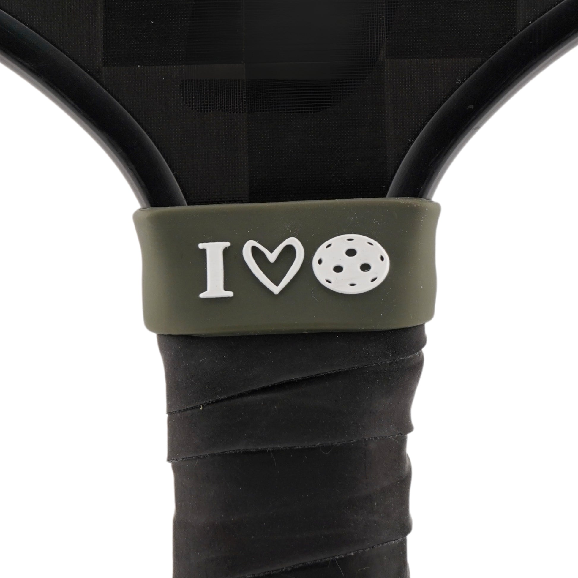 I Love Pickleball Pickleball Band shown on paddle as a color-customized personalized paddle band for pickleball players, ideal for paddle ID, team branding, and custom gear This image features custom pickleball paddle bands, a personalized paddle band, and a customized paddle band, ideal for player ID, team branding, club gear, and tournament accessories.