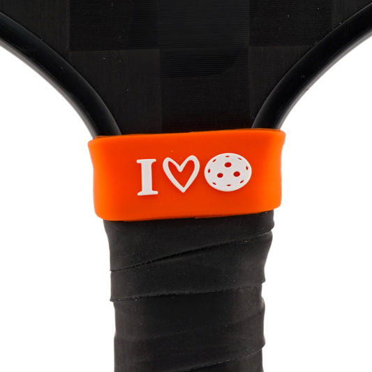 I Love Pickleball Pickleball Band shown on paddle as a color-customized personalized paddle band for pickleball players, ideal for paddle ID, team branding, and custom gear This image features custom pickleball paddle bands, a personalized paddle band, and a customized paddle band, ideal for player ID, team branding, club gear, and tournament accessories.