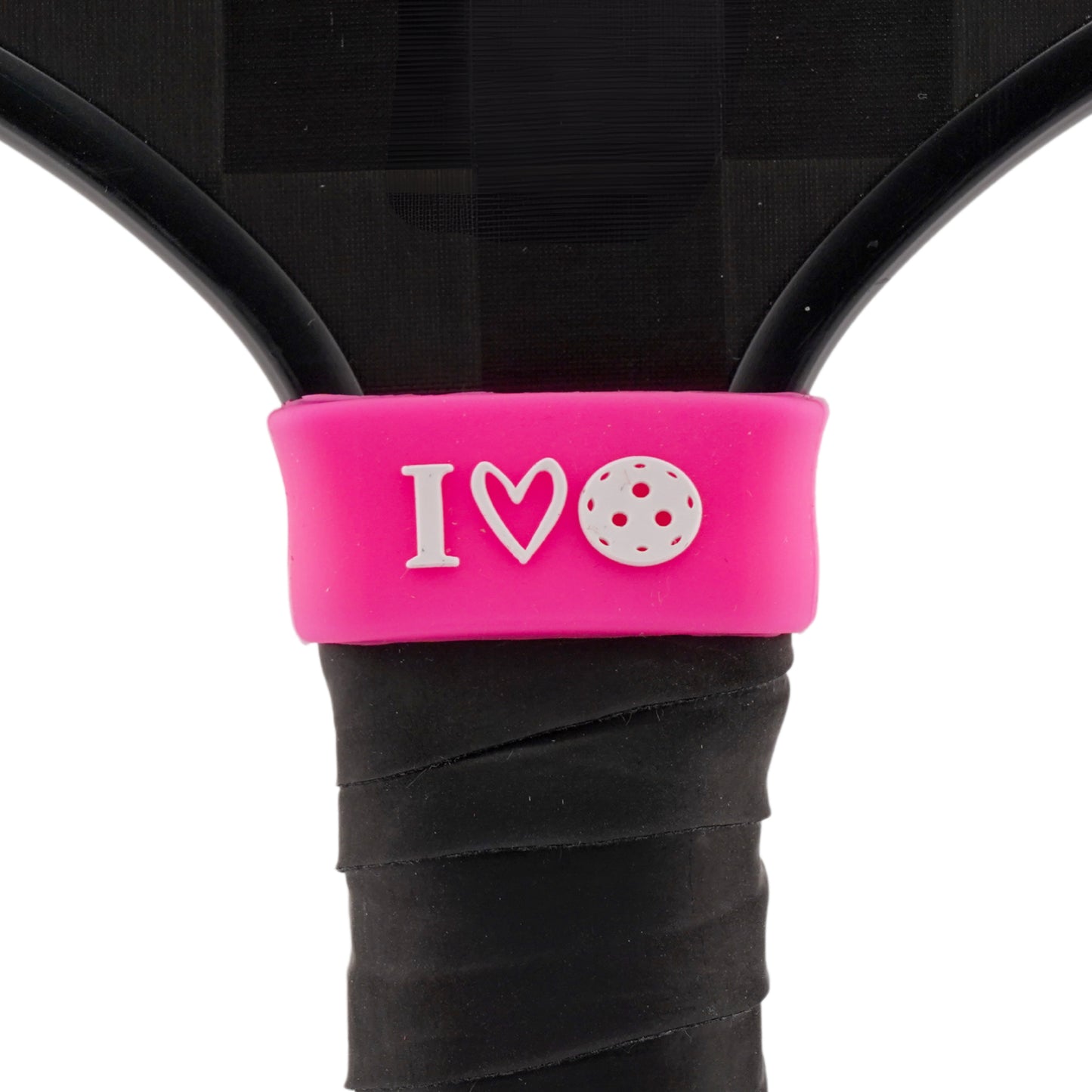 I Love Pickleball Pickleball Band shown on paddle as a color-customized personalized paddle band for pickleball players, ideal for paddle ID, team branding, and custom gear This image features custom pickleball paddle bands, a personalized paddle band, and a customized paddle band, ideal for player ID, team branding, club gear, and tournament accessories.