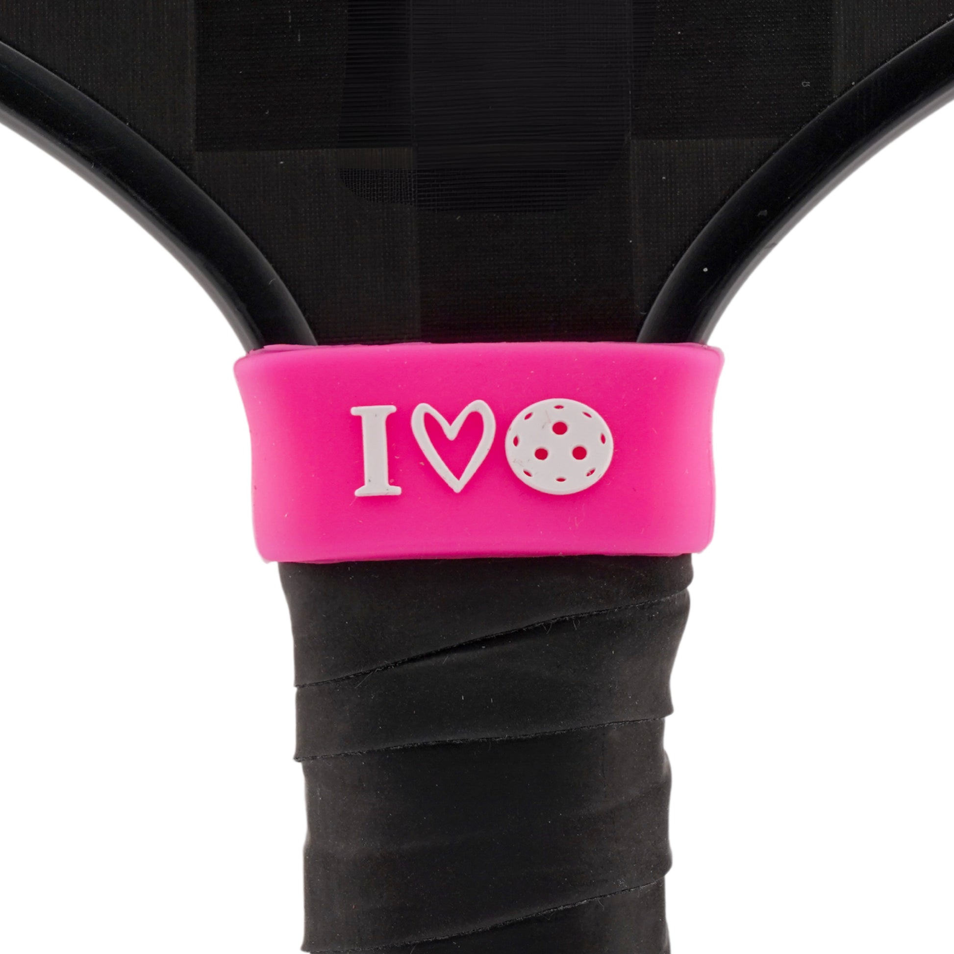I Love Pickleball Pickleball Band shown on paddle as a color-customized personalized paddle band for pickleball players, ideal for paddle ID, team branding, and custom gear This image features custom pickleball paddle bands, a personalized paddle band, and a customized paddle band, ideal for player ID, team branding, club gear, and tournament accessories.