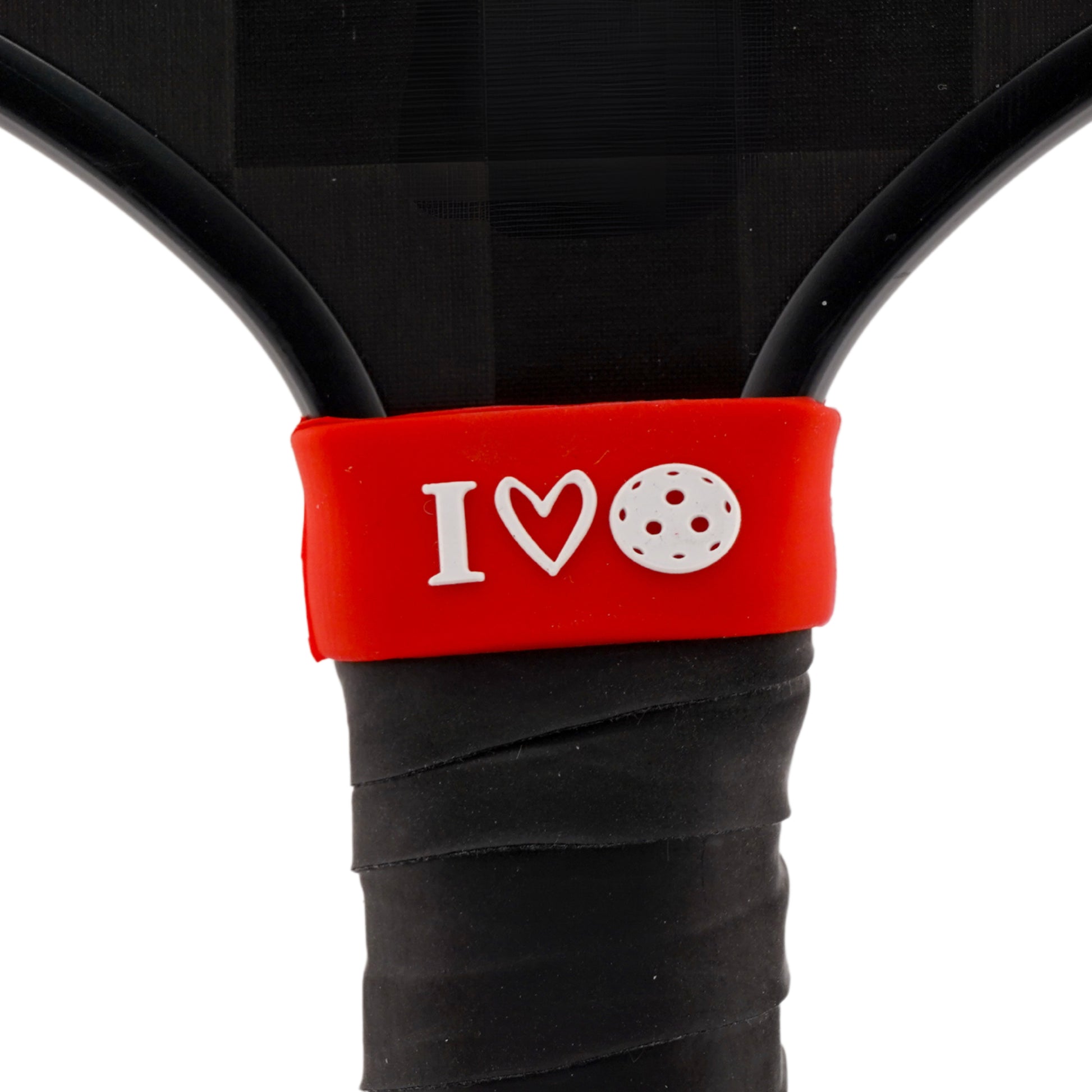 I Love Pickleball Pickleball Band shown on paddle as a color-customized personalized paddle band for pickleball players, ideal for paddle ID, team branding, and custom gear This image features custom pickleball paddle bands, a personalized paddle band, and a customized paddle band, ideal for player ID, team branding, club gear, and tournament accessories.