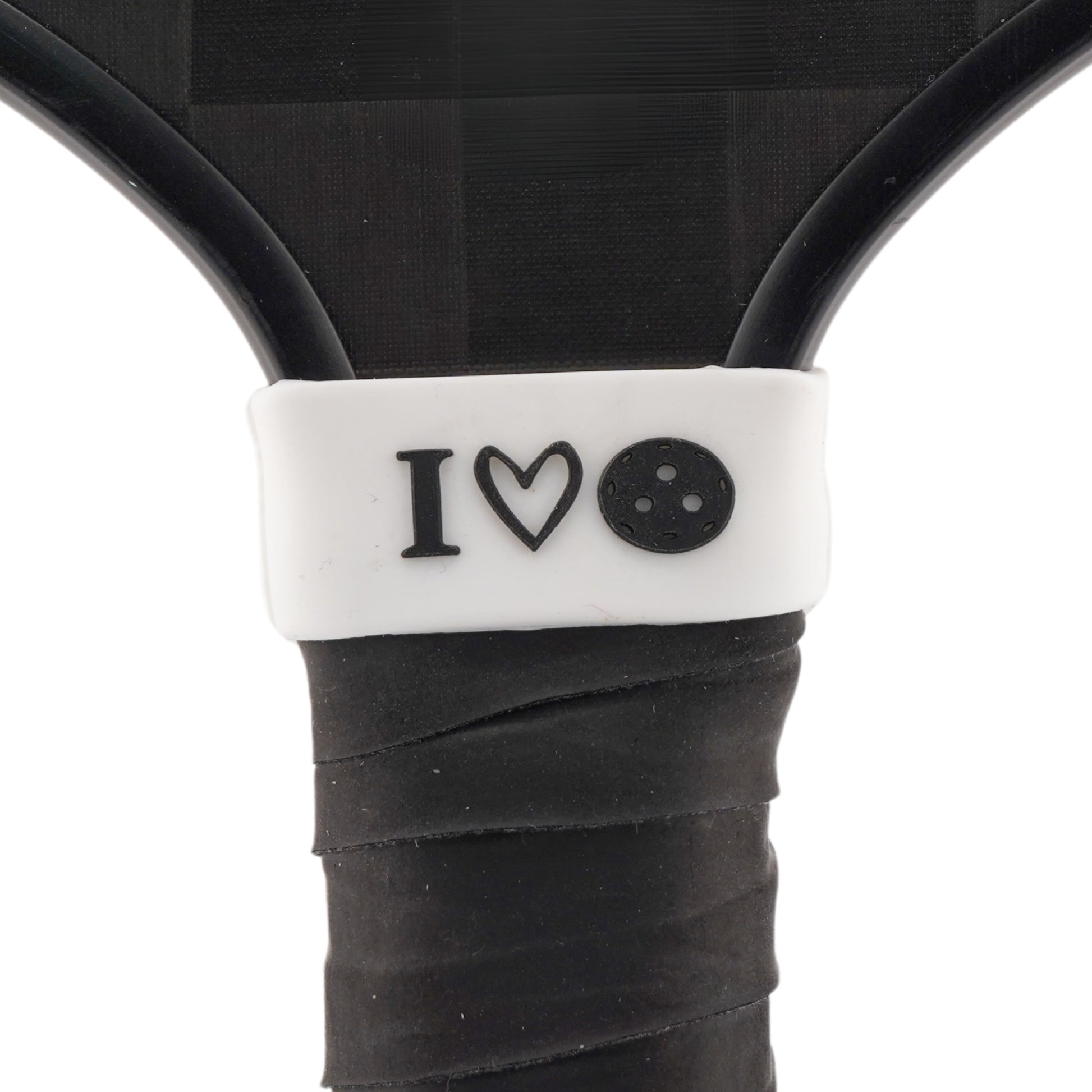 I Love Pickleball Pickleball Band shown on paddle as a color-customized personalized paddle band for pickleball players, ideal for paddle ID, team branding, and custom gear This image features custom pickleball paddle bands, a personalized paddle band, and a customized paddle band, ideal for player ID, team branding, club gear, and tournament accessories.