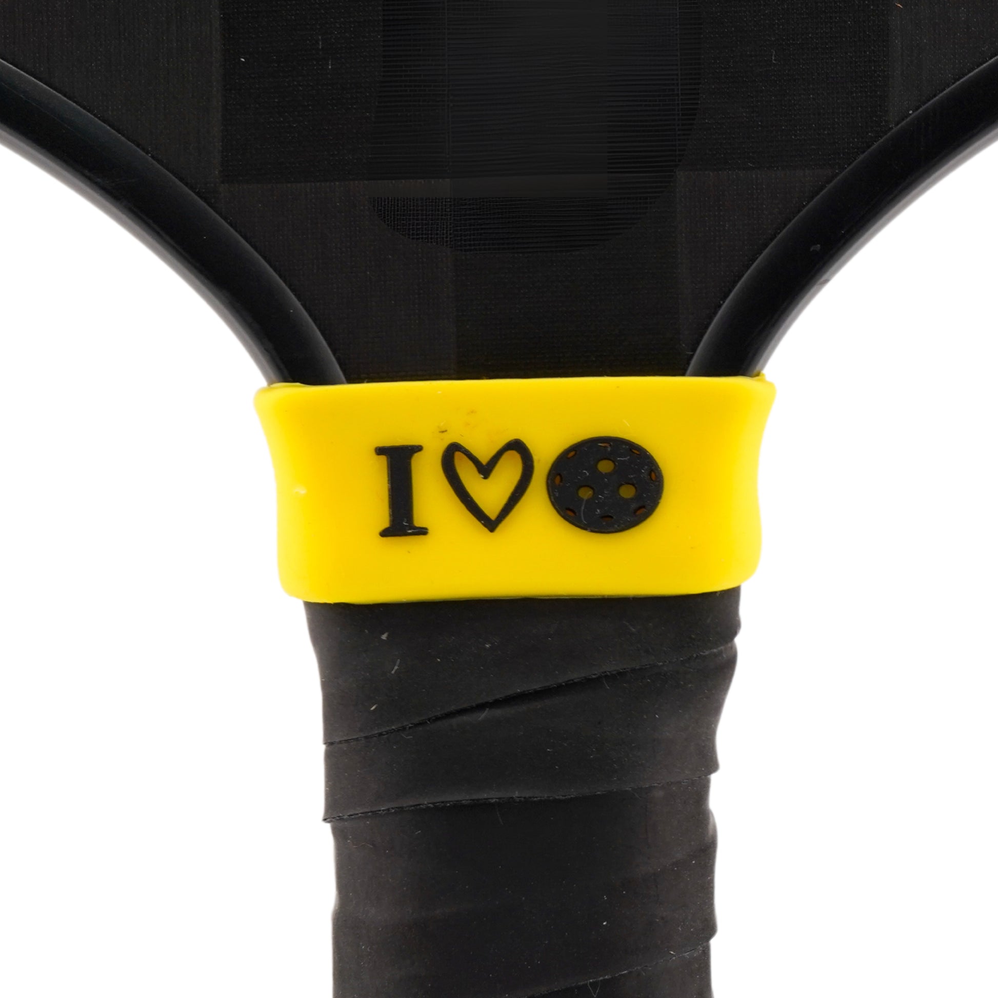 I Love Pickleball Pickleball Band shown on paddle as a color-customized personalized paddle band for pickleball players, ideal for paddle ID, team branding, and custom gear This image features custom pickleball paddle bands, a personalized paddle band, and a customized paddle band, ideal for player ID, team branding, club gear, and tournament accessories.