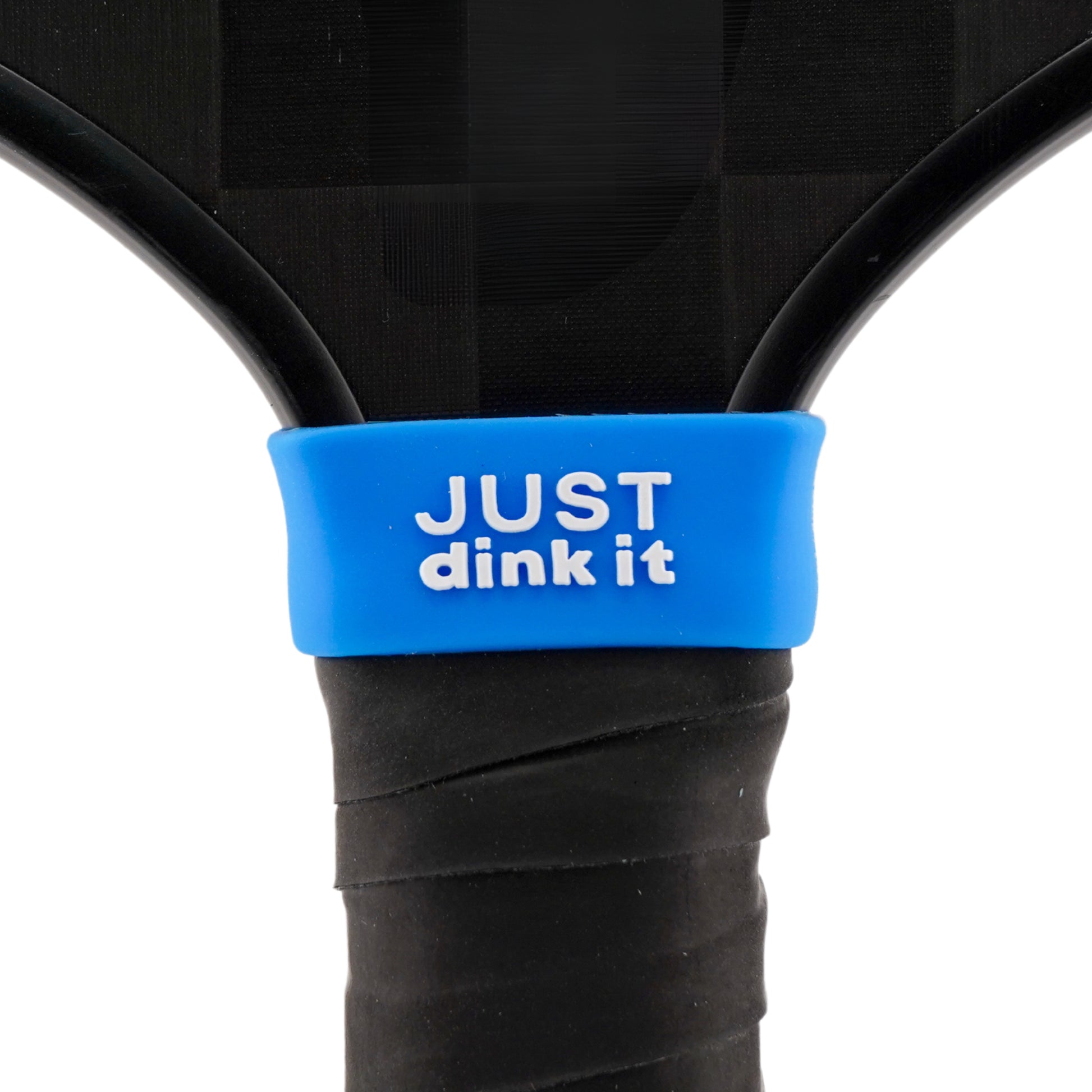 Just Dink It Pickleball Band shown on paddle as a color-customized personalized paddle band for pickleball players, ideal for paddle ID, team branding, and custom gear This image features custom pickleball paddle bands, a personalized paddle band, and a customized paddle band, ideal for player ID, team branding, club gear, and tournament accessories.
