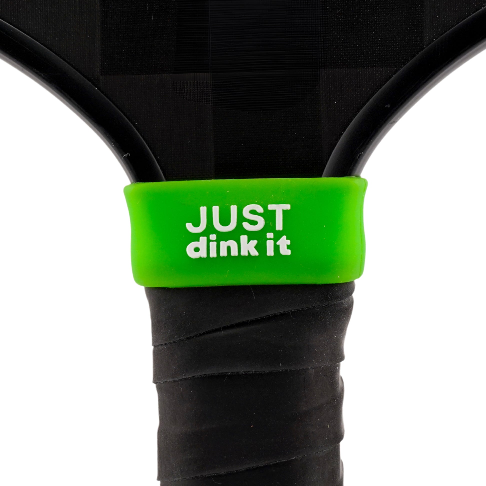 Just Dink It Pickleball Band shown on paddle as a color-customized personalized paddle band for pickleball players, ideal for paddle ID, team branding, and custom gear This image features custom pickleball paddle bands, a personalized paddle band, and a customized paddle band, ideal for player ID, team branding, club gear, and tournament accessories.