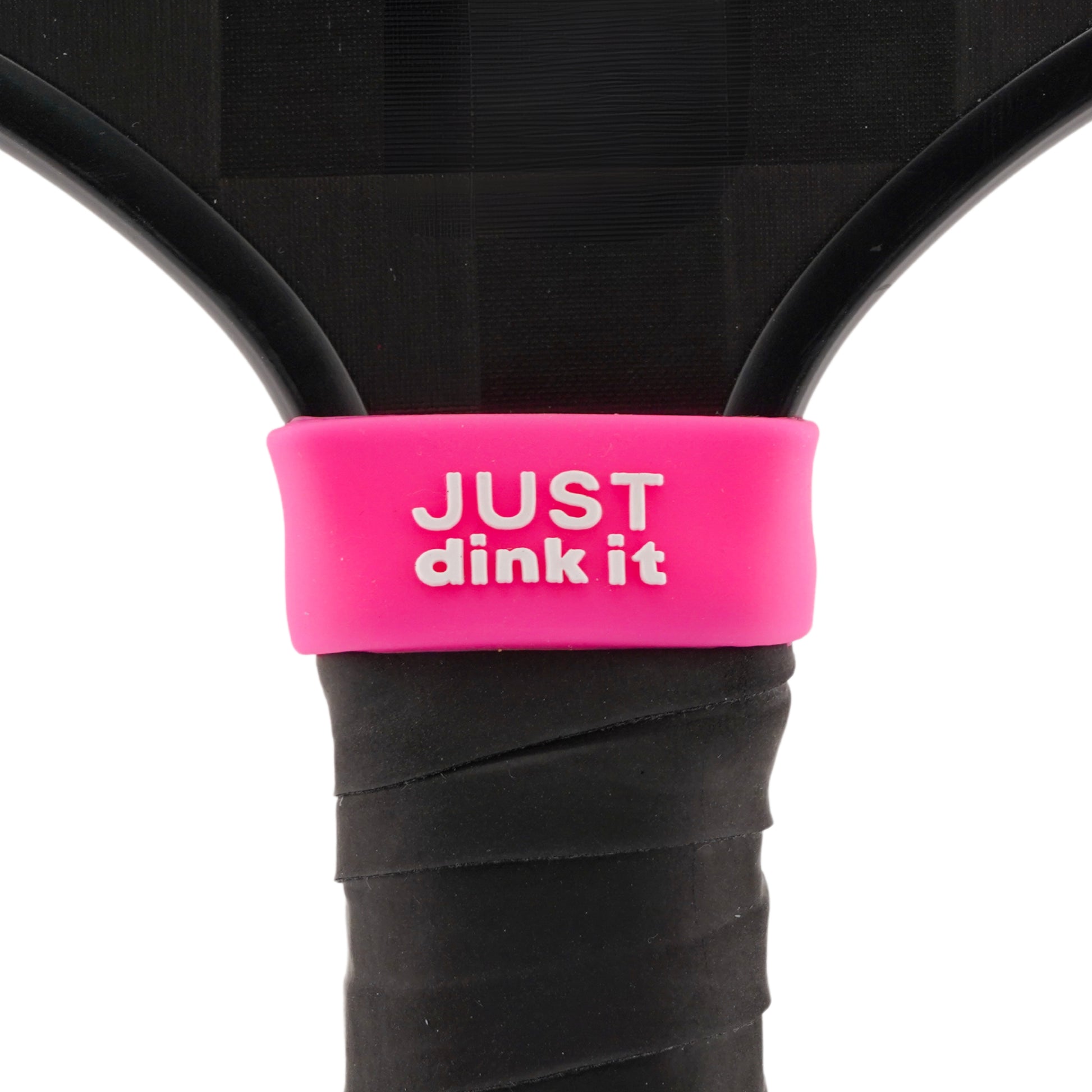 Just Dink It Pickleball Band shown on paddle as a color-customized personalized paddle band for pickleball players, ideal for paddle ID, team branding, and custom gear This image features custom pickleball paddle bands, a personalized paddle band, and a customized paddle band, ideal for player ID, team branding, club gear, and tournament accessories.