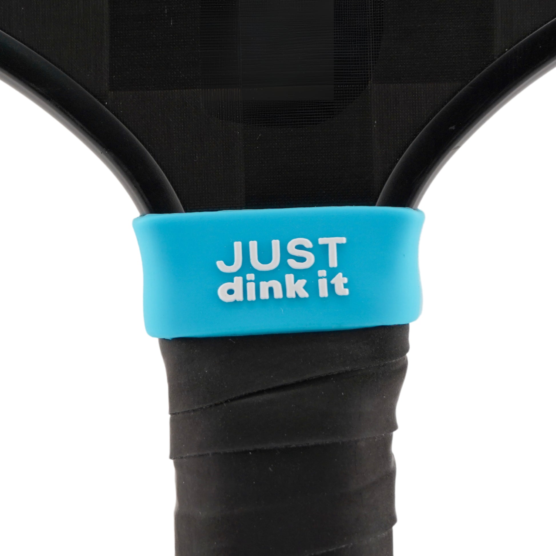 Just Dink It Pickleball Band shown on paddle as a color-customized personalized paddle band for pickleball players, ideal for paddle ID, team branding, and custom gear This image features custom pickleball paddle bands, a personalized paddle band, and a customized paddle band, ideal for player ID, team branding, club gear, and tournament accessories.