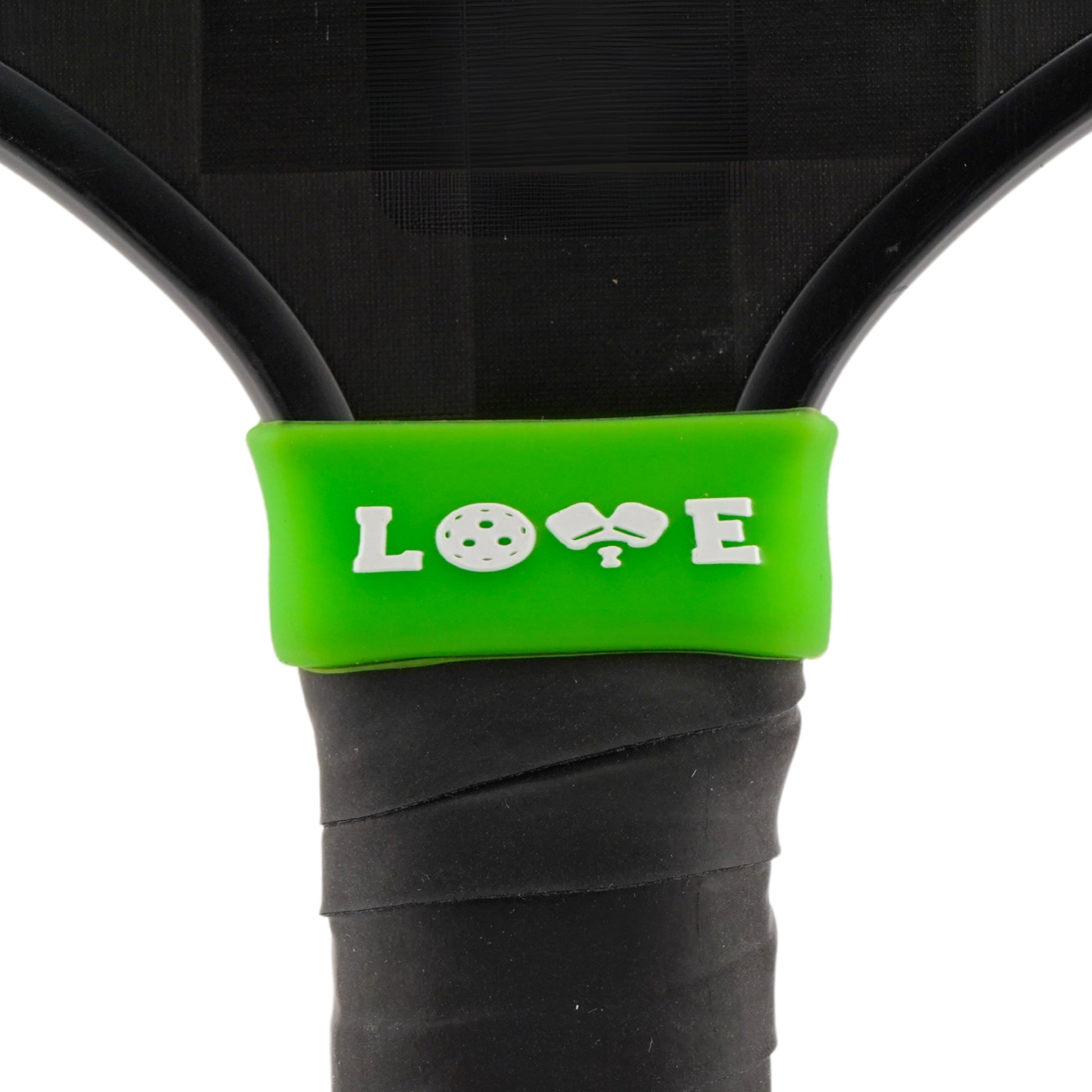 LOVE Pickleball Band shown off paddle as a color-custom pickleball paddle band, perfect for personalized gear, clubs, tournaments, and accessory organization This image features custom pickleball paddle bands, a personalized paddle band, and a customized paddle band, ideal for player ID, team branding, club gear, and tournament accessories.