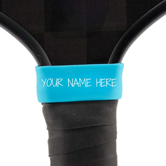 Aqua Turquoise Paddle Band shown on paddle as a color-customized personalized paddle band for pickleball players, ideal for paddle ID, team branding, and custom gear This image features custom pickleball paddle bands, a personalized paddle band, and a customized paddle band, ideal for player ID, team branding, club gear, and tournament accessories.