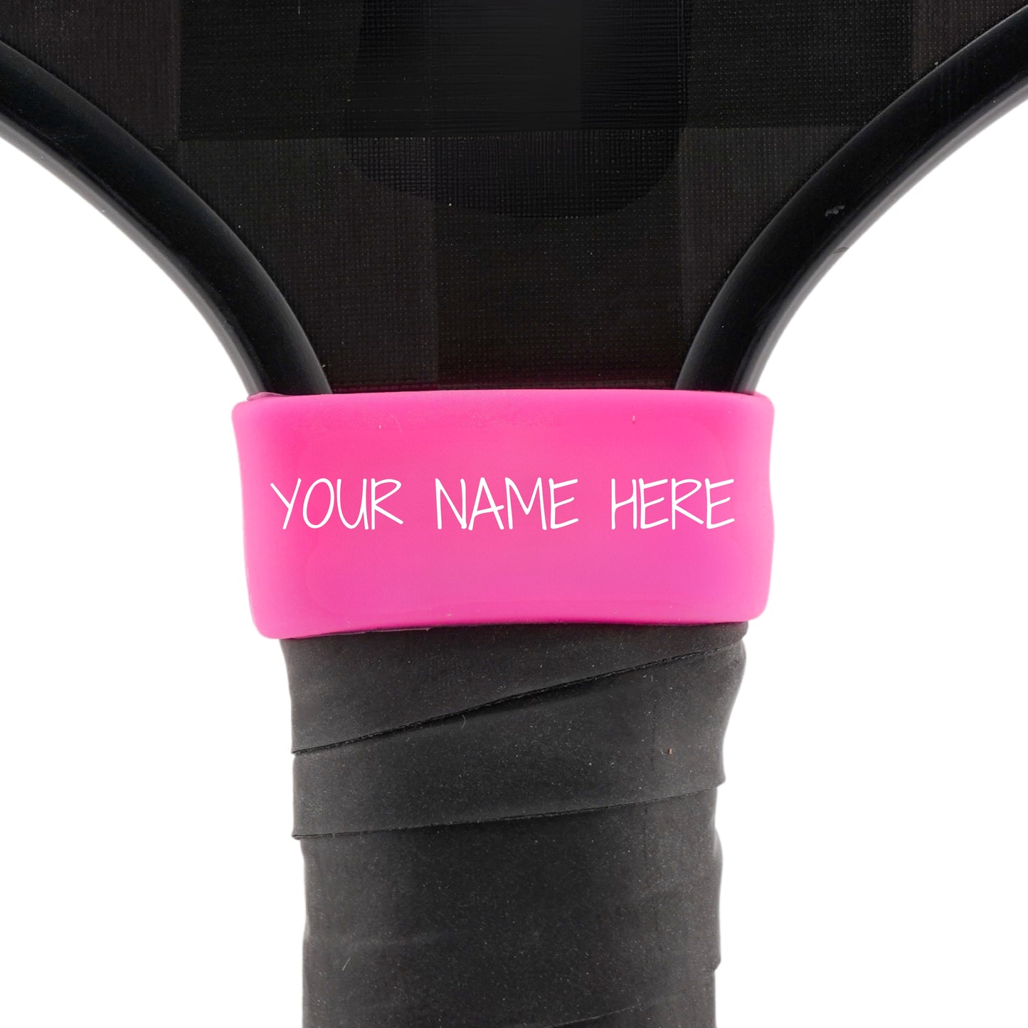 Hot Pink Paddle Band shown on paddle as a color-customized personalized paddle band for pickleball players, ideal for paddle ID, team branding, and custom gear This image features custom pickleball paddle bands, a personalized paddle band, and a customized paddle band, ideal for player ID, team branding, club gear, and tournament accessories.