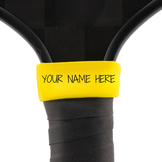 Sunny Yellow Paddle Band shown on paddle as a color-customized personalized paddle band for pickleball players, ideal for paddle ID, team branding, and custom gear This image features custom pickleball paddle bands, a personalized paddle band, and a customized paddle band, ideal for player ID, team branding, club gear, and tournament accessories.